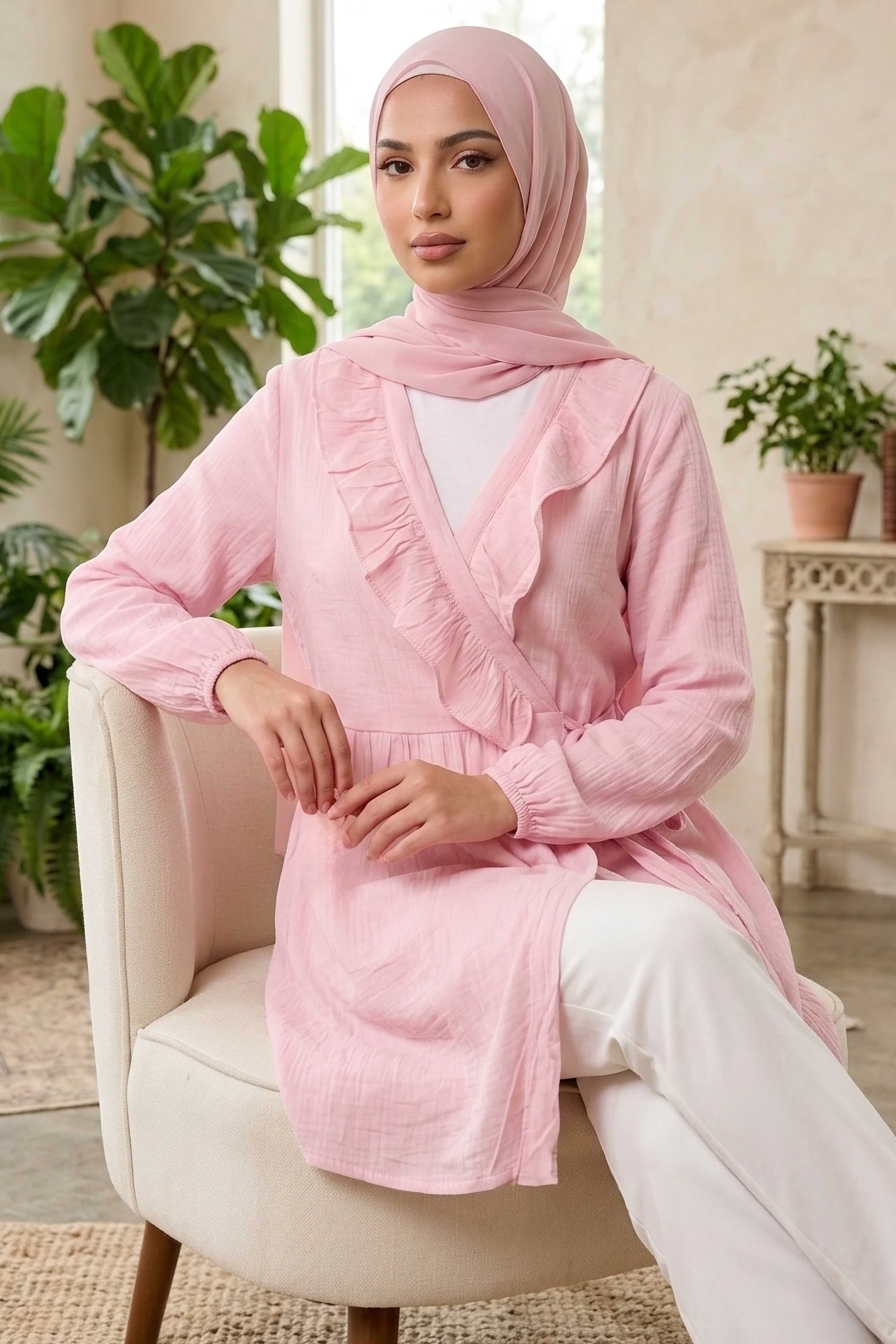 Önden Bağcıklı Fırfırlı Ceket  - 28389-PEMBE