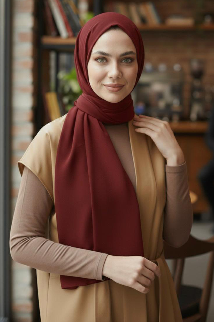 Pamuklu Vual Şal  - 28245-BORDO
