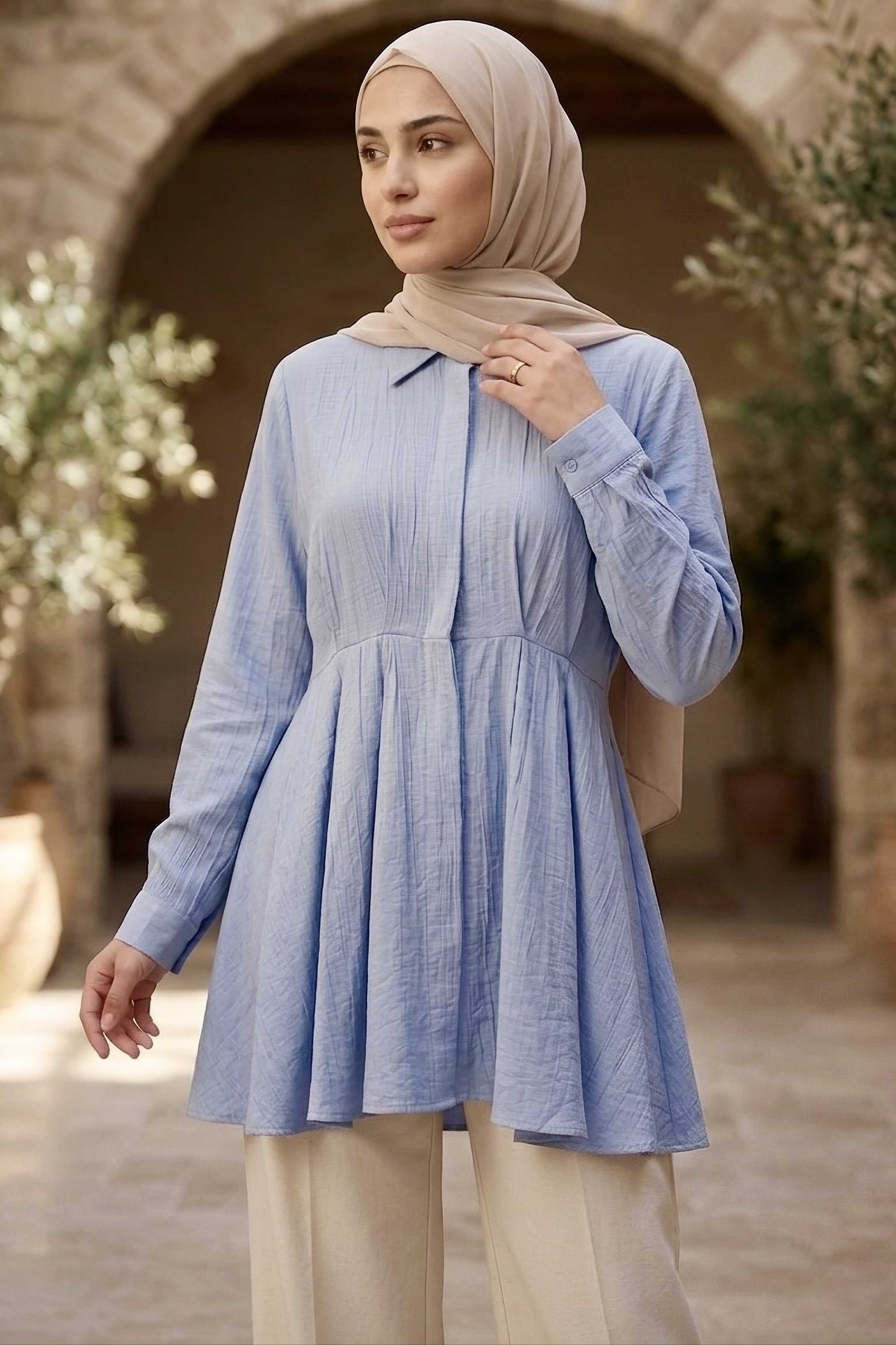 Pile Detaylı Çilek Tunik  - 1312-BEBE-MAVI