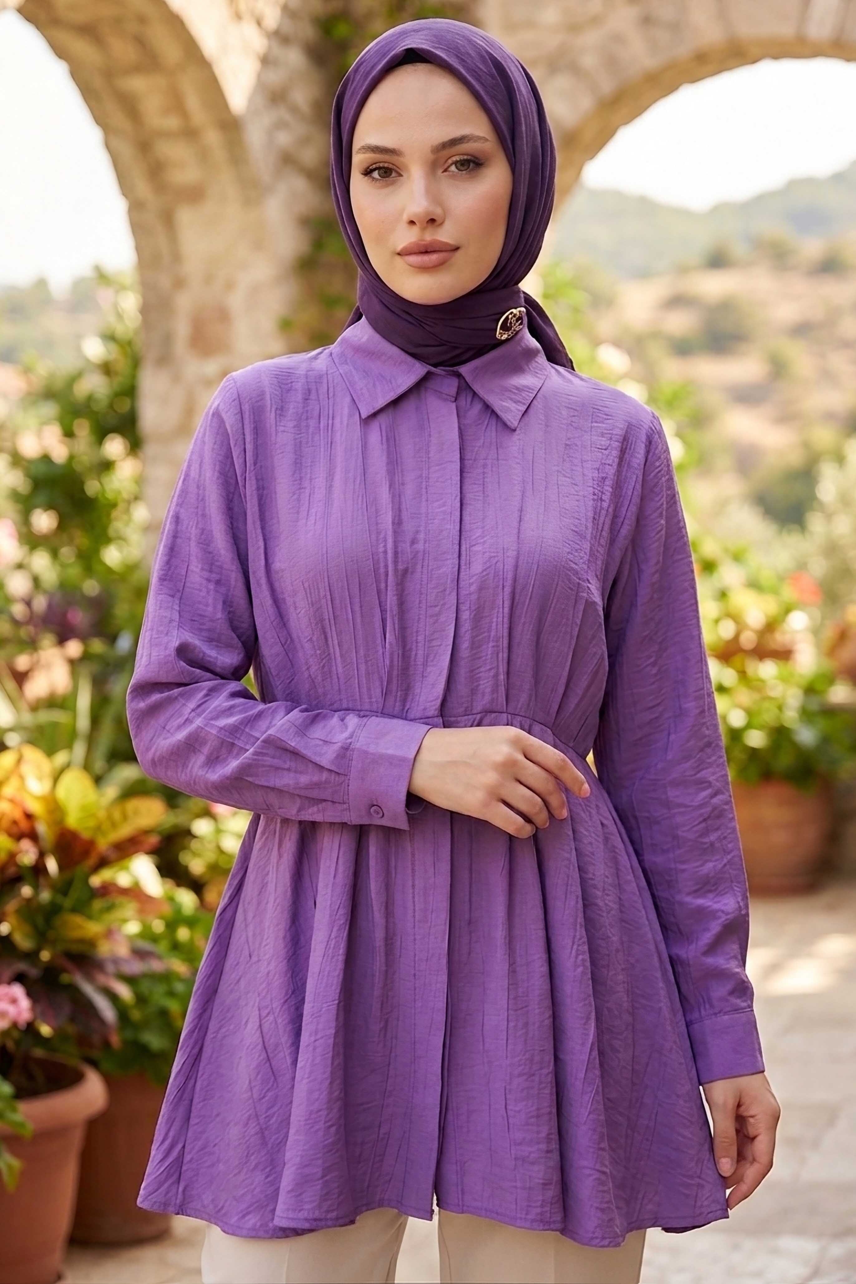 Pile Detaylı Çilek Tunik  - 1312-LILA