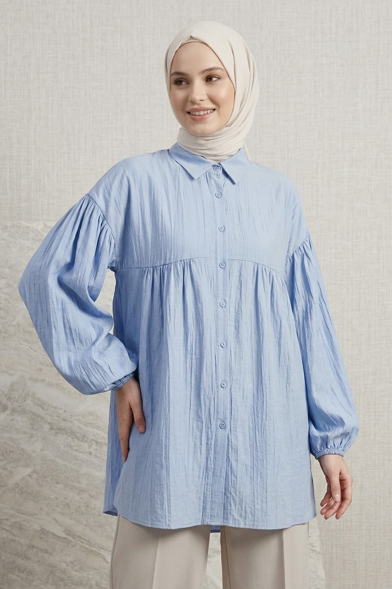 Pile Detaylı Çilek Tunik Bebe Mavi - 1319-BEBE-MAVI
