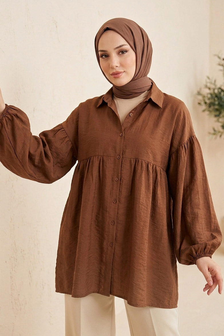Pile Detaylı Çilek Tunik Kahve - 1319-KAHVE