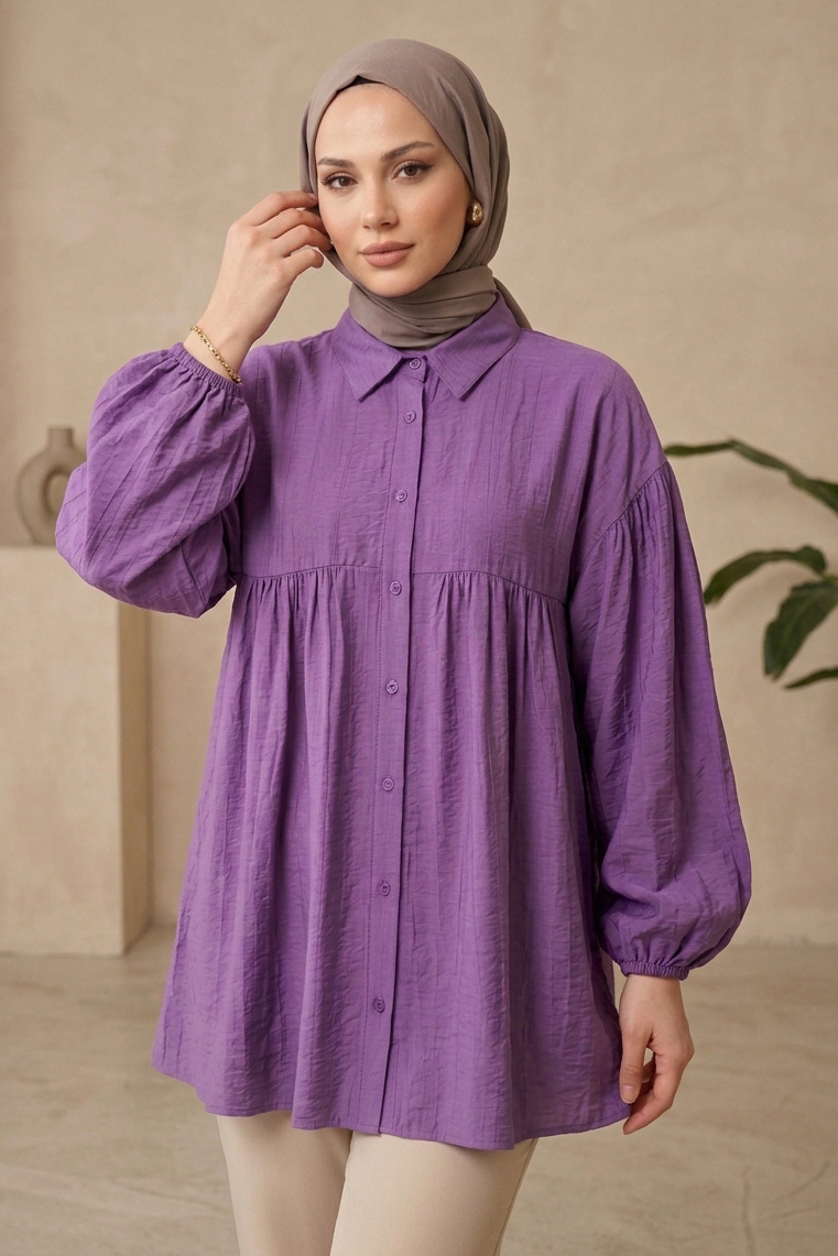 Pile Detaylı Çilek Tunik Lila - 1319-LILA