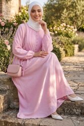 Pile Detaylı Düğmeli Elbise Pembe - 28752-PEMBE - TOFİSA