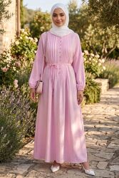 Pile Detaylı Düğmeli Elbise Pembe - 28752-PEMBE - TOFİSA (1)