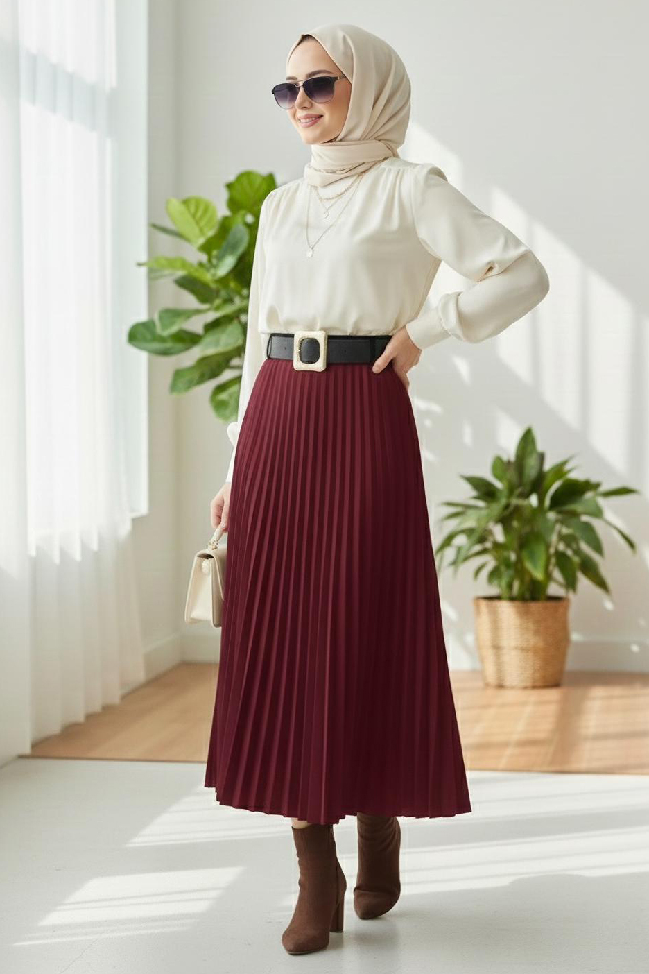Piliseli Kemerli Süet Etek  - 28092-BORDO