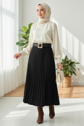 Piliseli Kemerli Süet Etek - 28092-SIYAH - TOFİSA