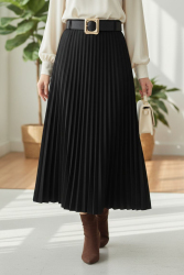 Piliseli Kemerli Süet Etek - 28092-SIYAH - TOFİSA (1)