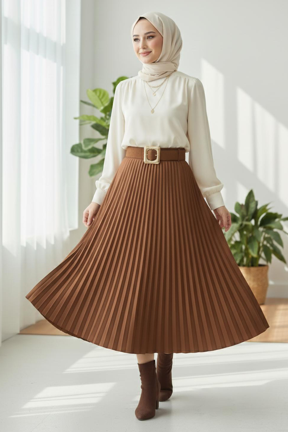 Piliseli Kemerli Süet Etek  - 28092-TABA