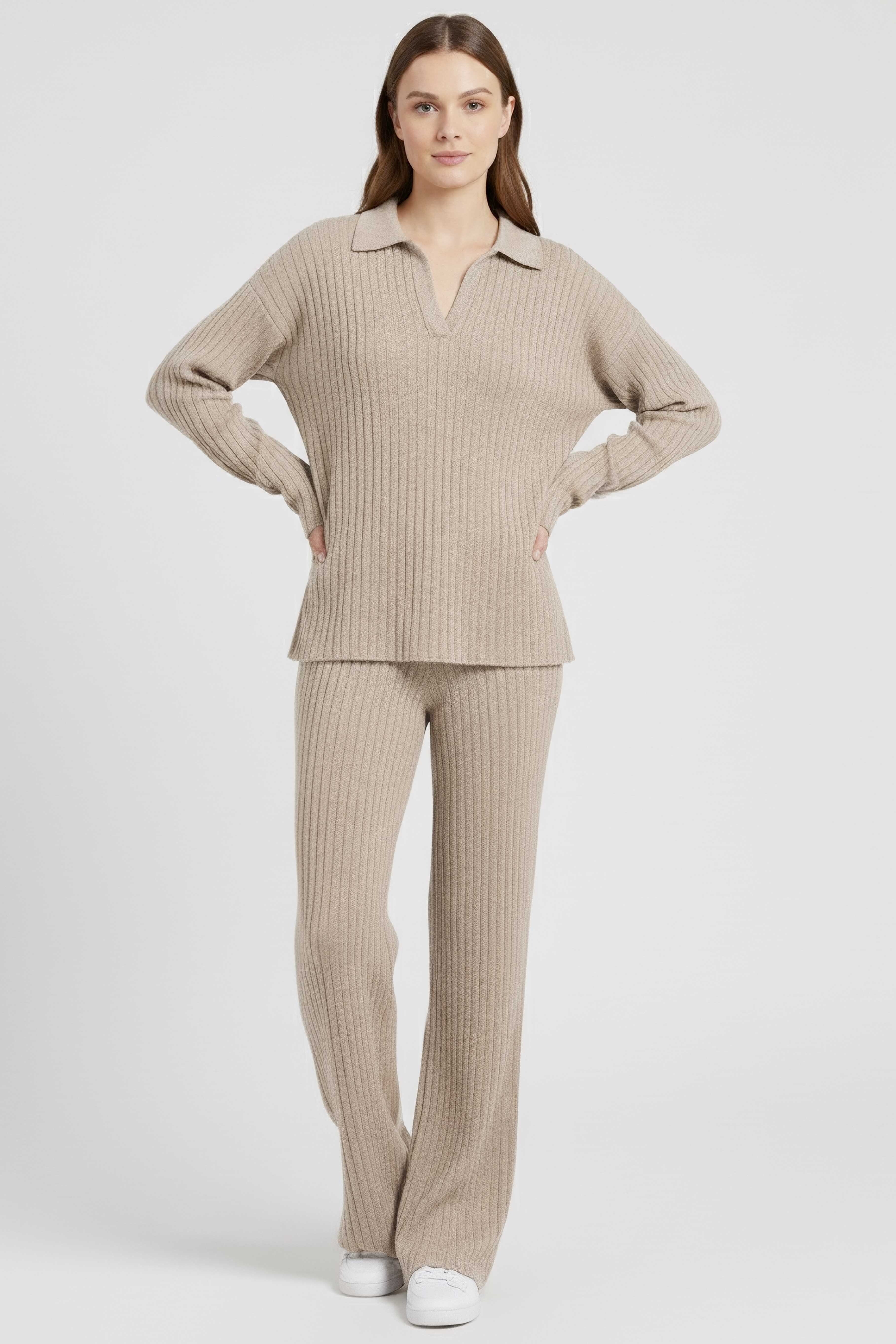 Polo Yaka Fitilli Kaşkorse İkili Takım  - 27993-BEJ