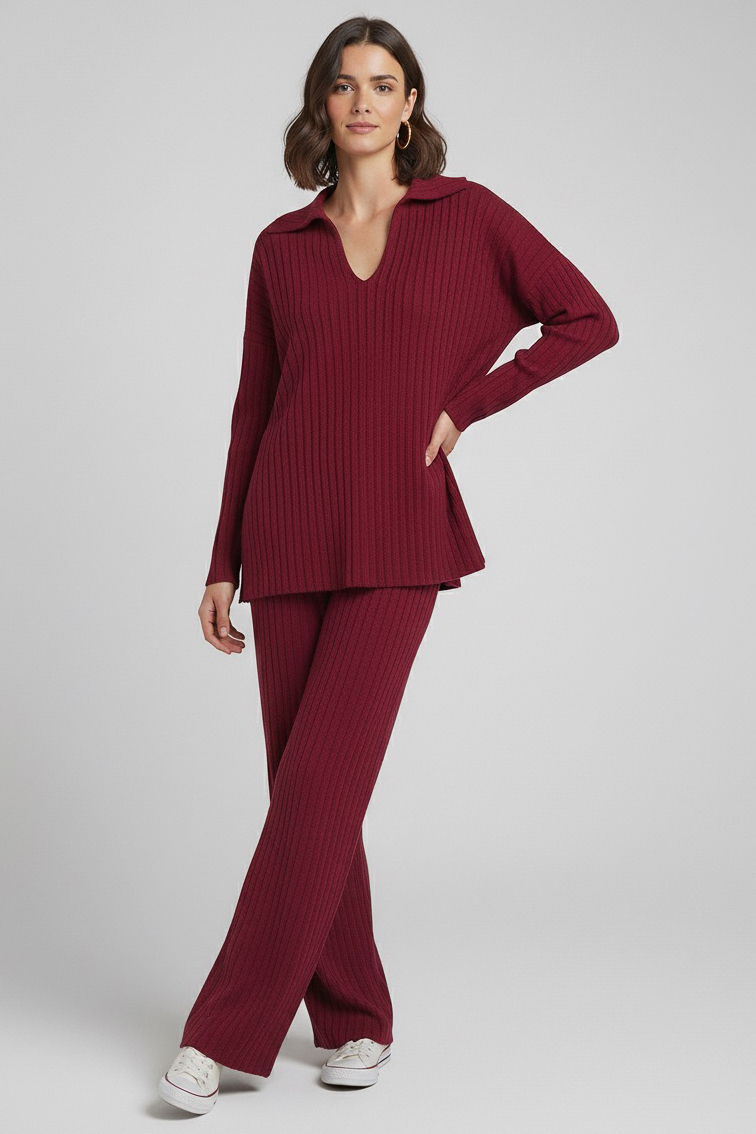 Polo Yaka Fitilli Kaşkorse İkili Takım  - 27993-BORDO