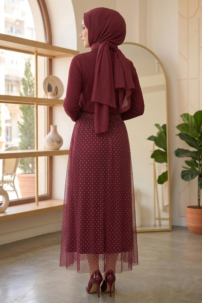 Puantiye Desenli Etek  - 28402-BORDO
