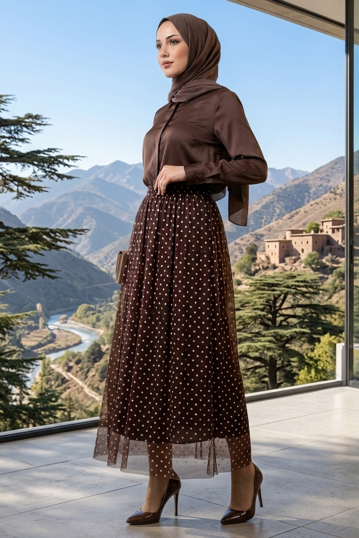 Puantiye Desenli Etek  - 28402-KAHVE