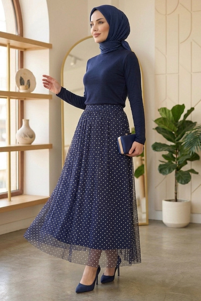 Puantiye Desenli Etek  - 28402-LACIVERT