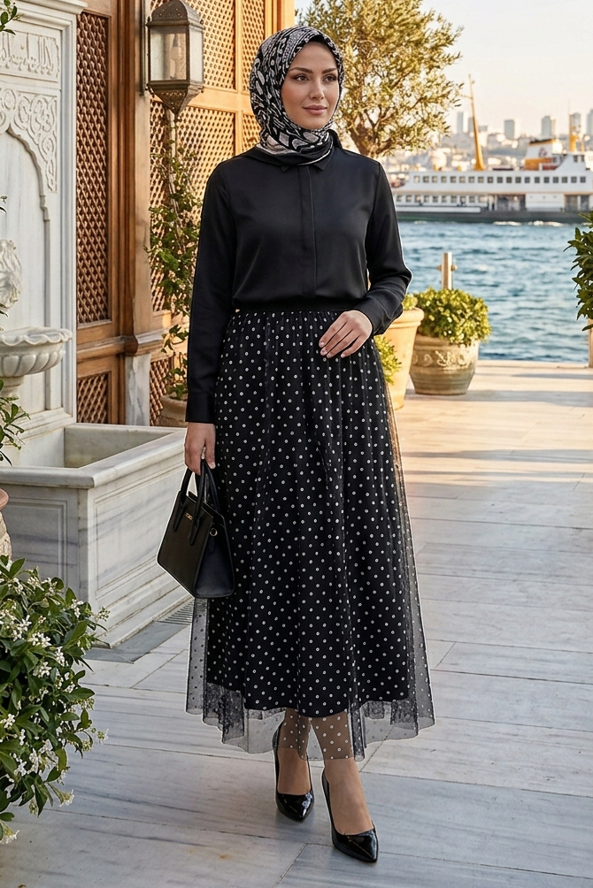Puantiye Desenli Etek  - 28402-SIYAH