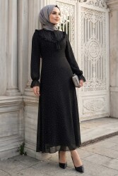 Pullu Fırfırlı Tül Elbise Siyah - 28634-SIYAH - TOFİSA