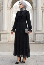 Pullu Fırfırlı Tül Elbise Siyah - 28634-SIYAH - TOFİSA (1)