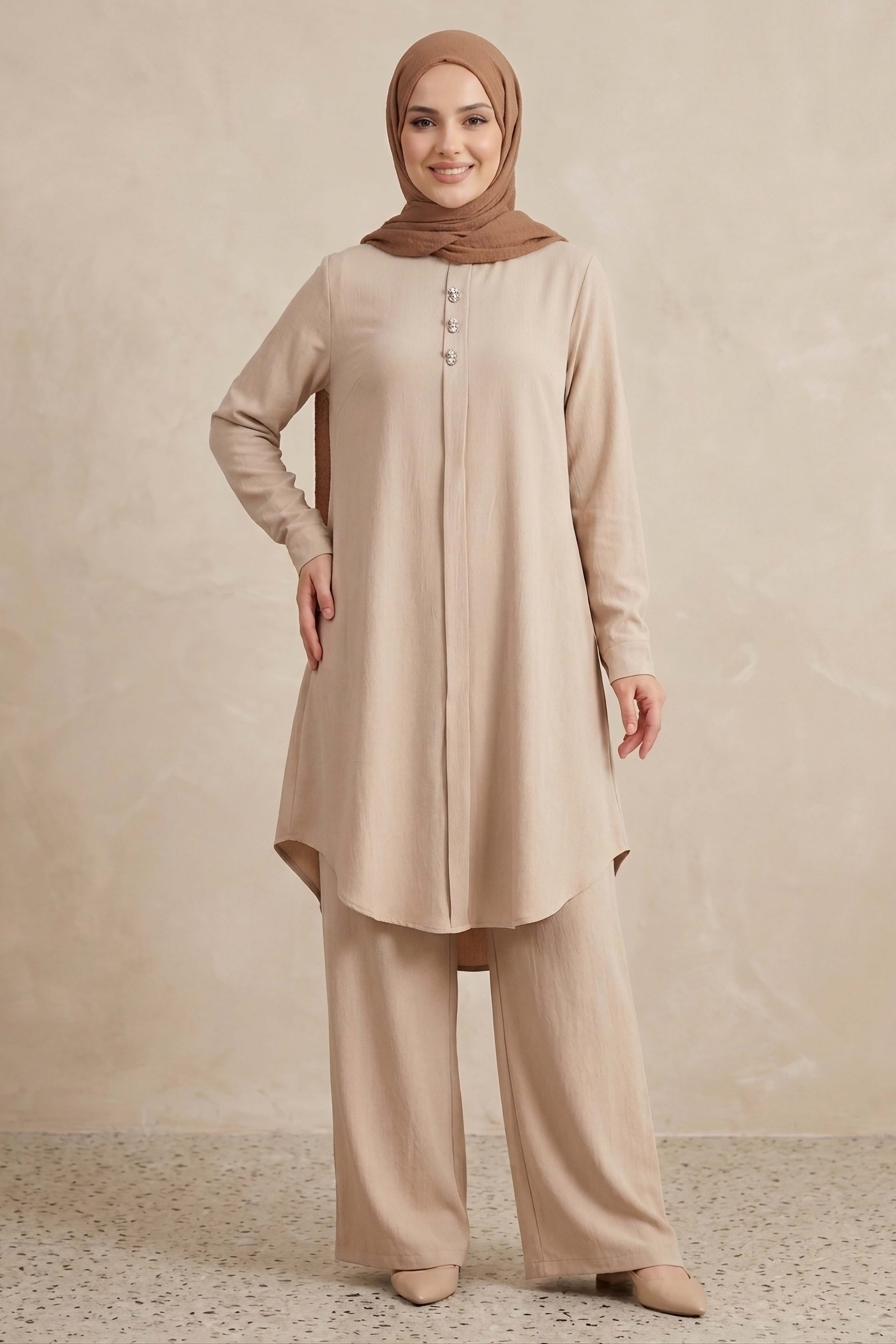 Riz Tunik Pantolon İkili Takım Bej - 2129-BEJ