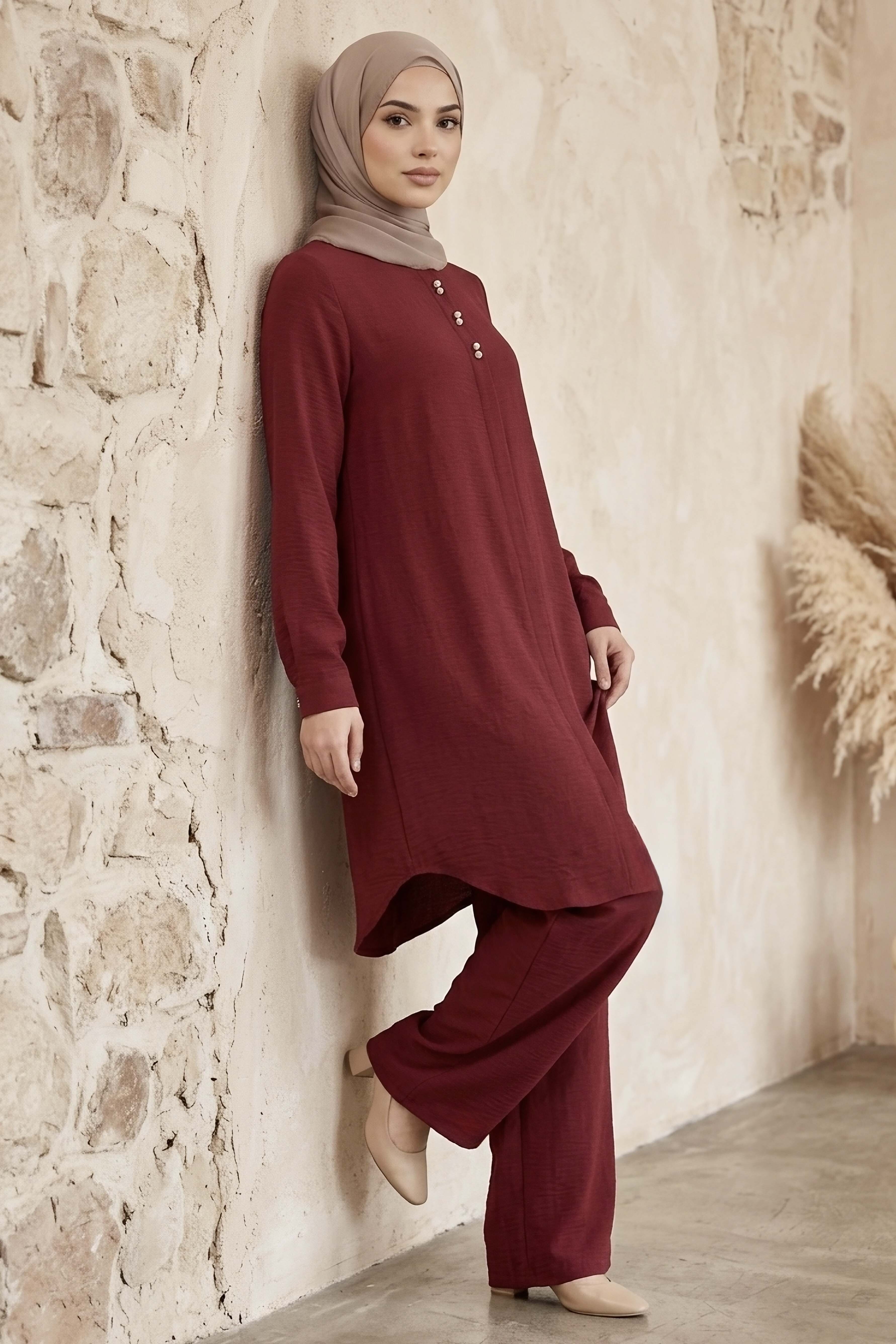 Riz Tunik Pantolon İkili Takım Bordo - 2129-BORDO