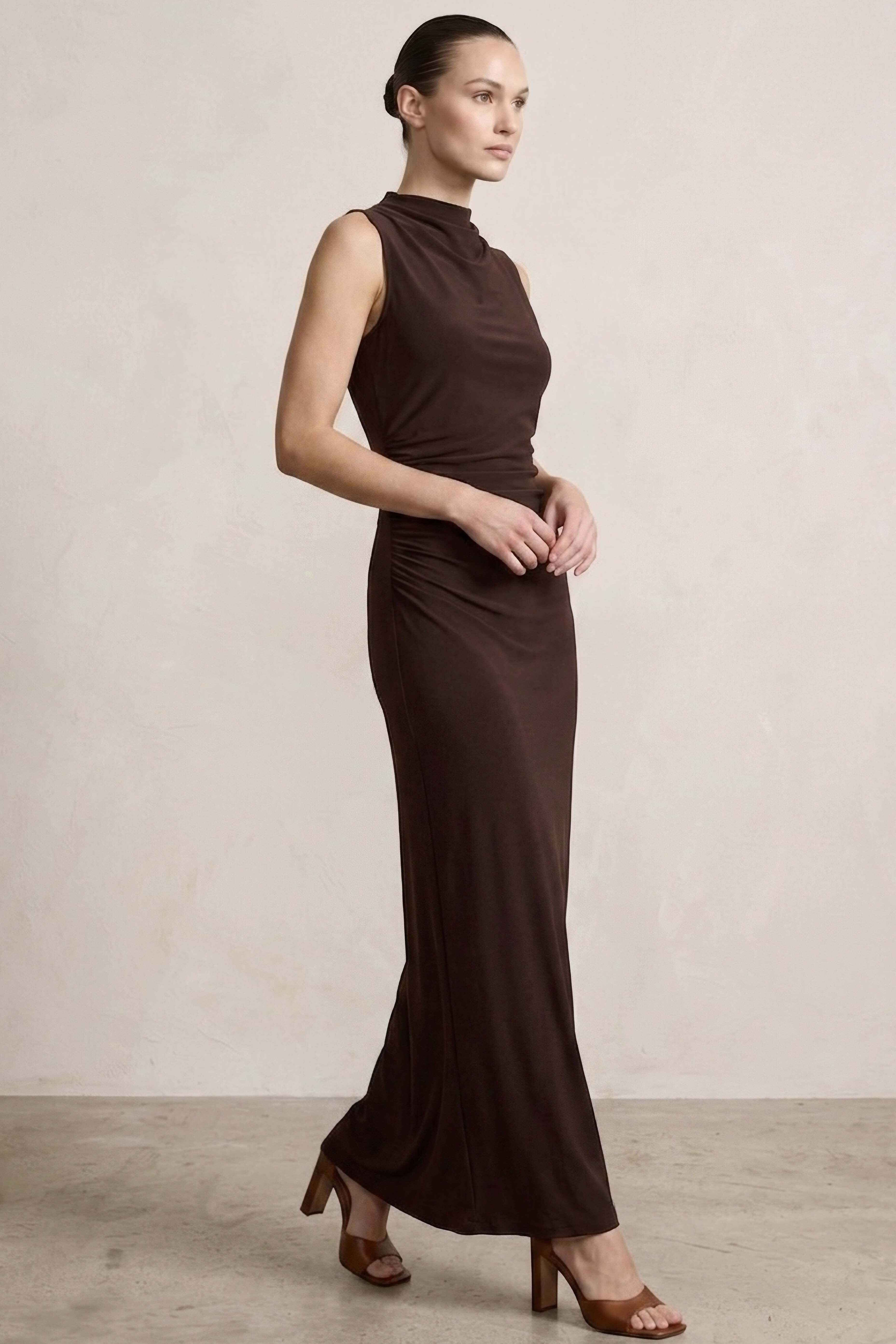 Sandy Sıfır Kol Elbise  - 28423-KAHVE