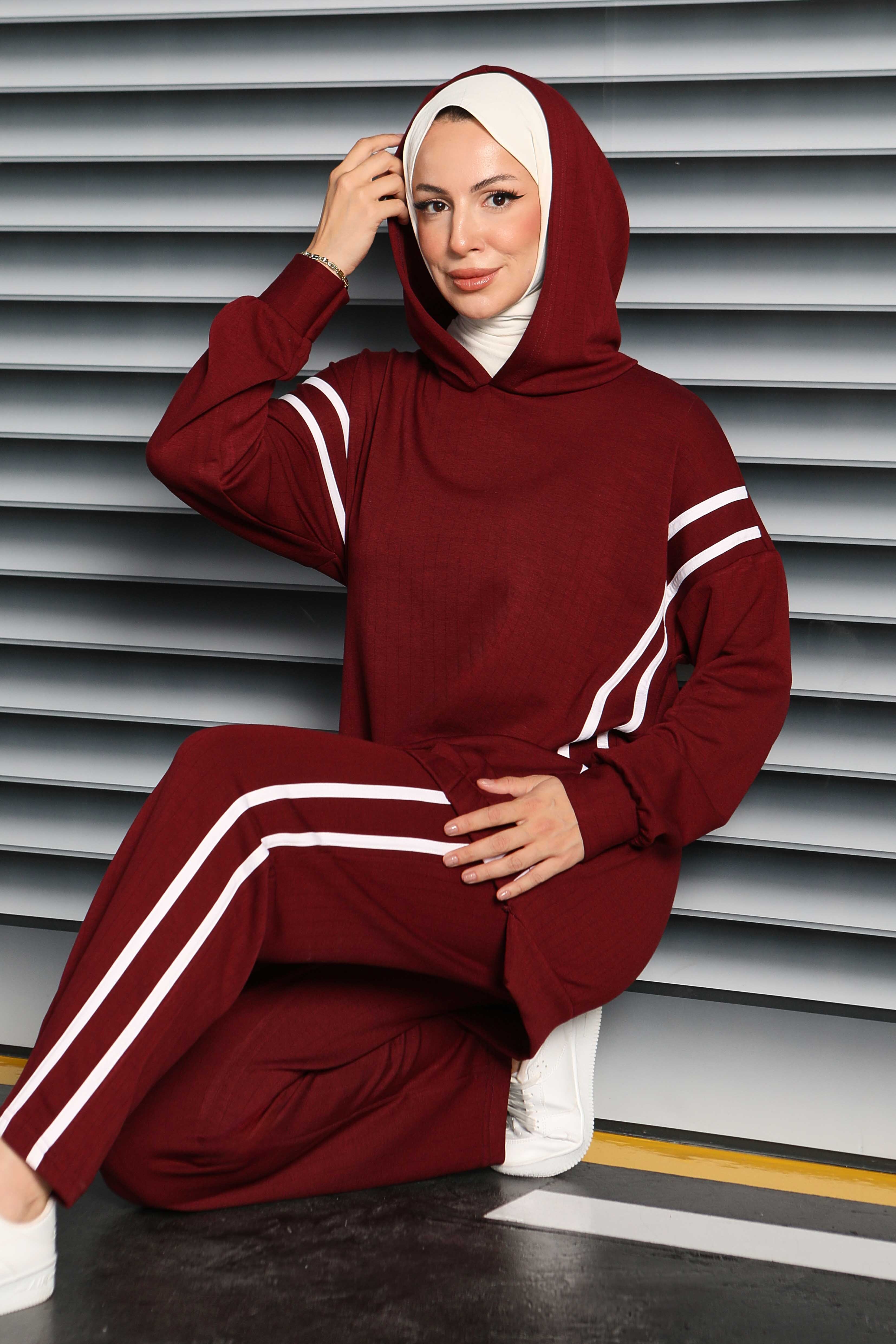 Şerit Detaylı Modal İkili Takım  - 27710-BORDO