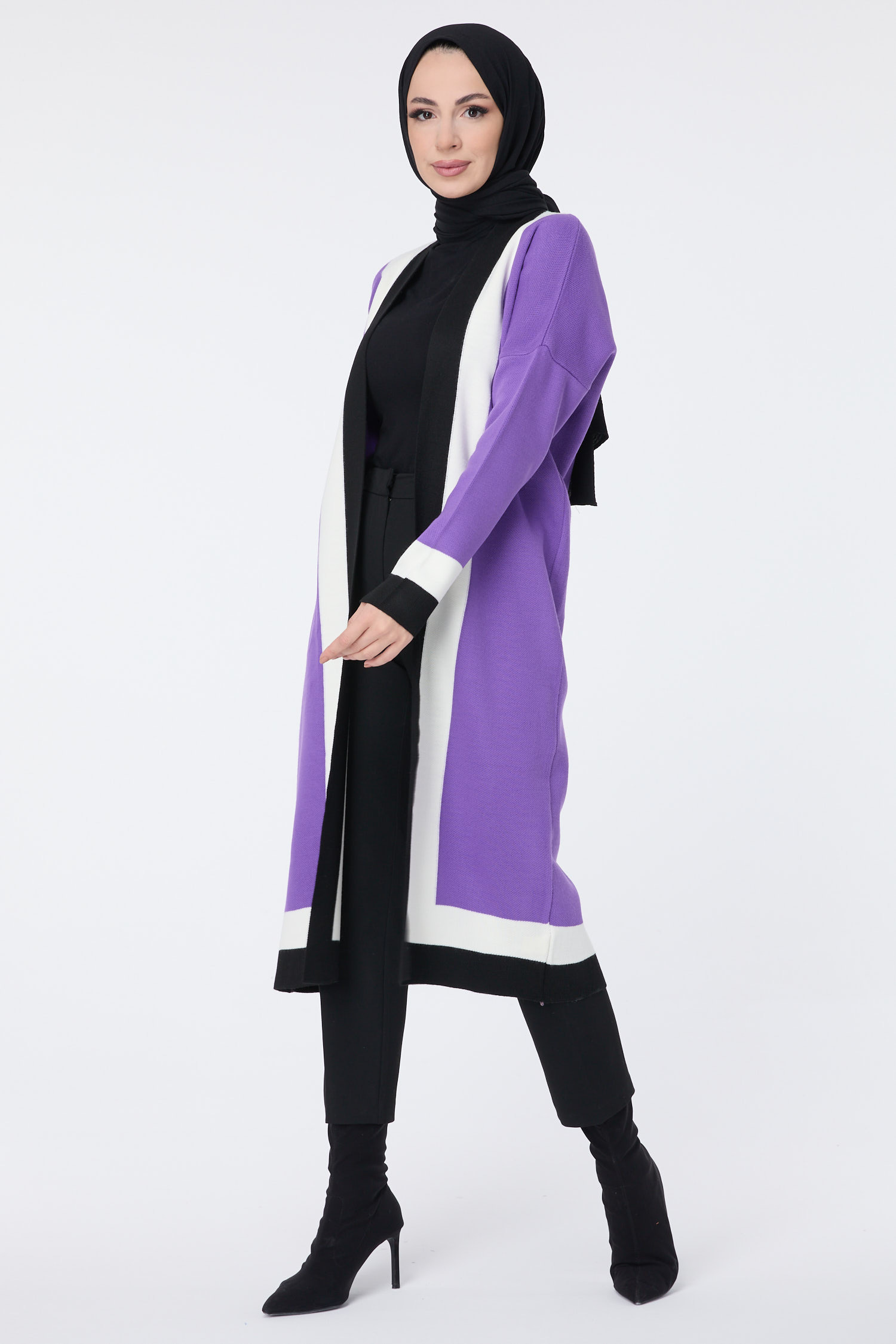 Şerit Detaylı Triko Uzun Hırka  - 27625
