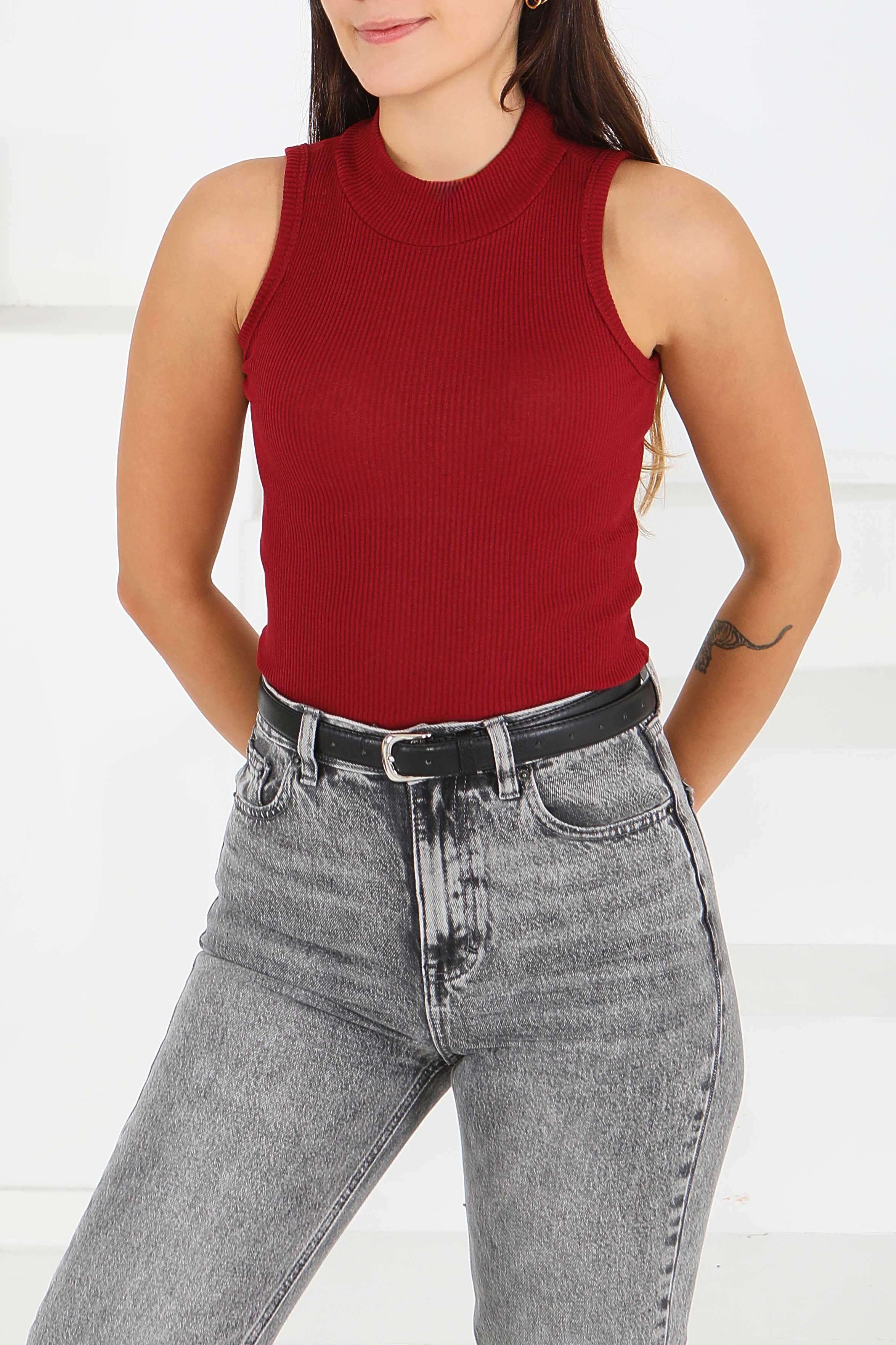 Sıfır Kol Kaşkorse Crop  - 27801-BORDO