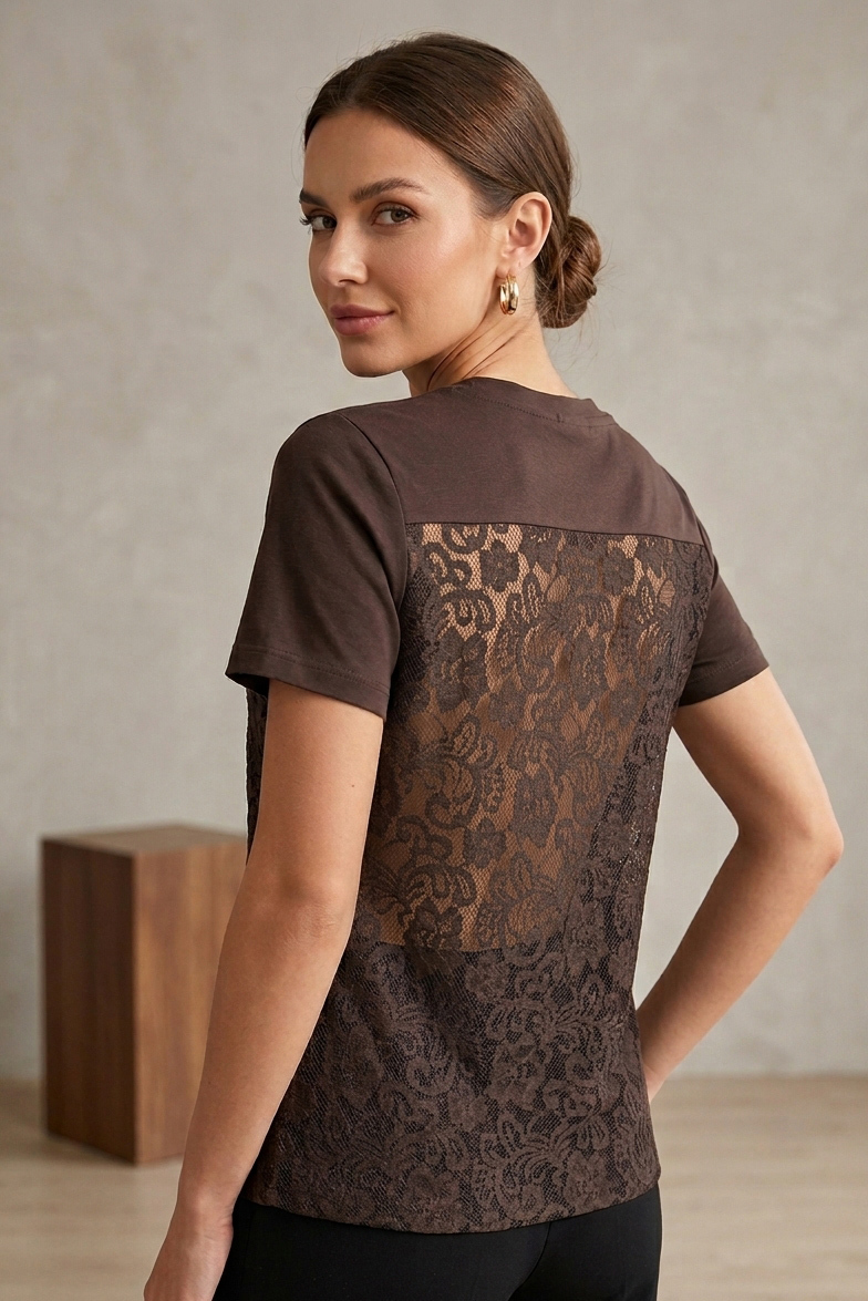 Sırt Dantelli T-shirt  - 28415-KAHVE