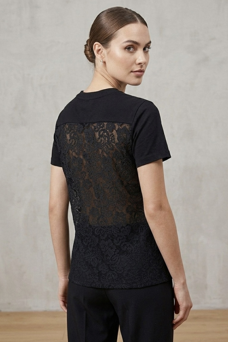 Sırt Dantelli T-shirt  - 28415-SIYAH
