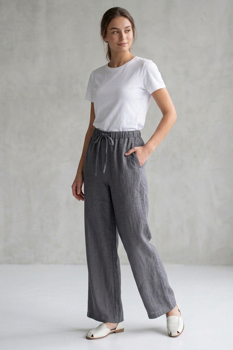 Sofia Keten Beli Lastikli Pantolon  - 28416-FUME