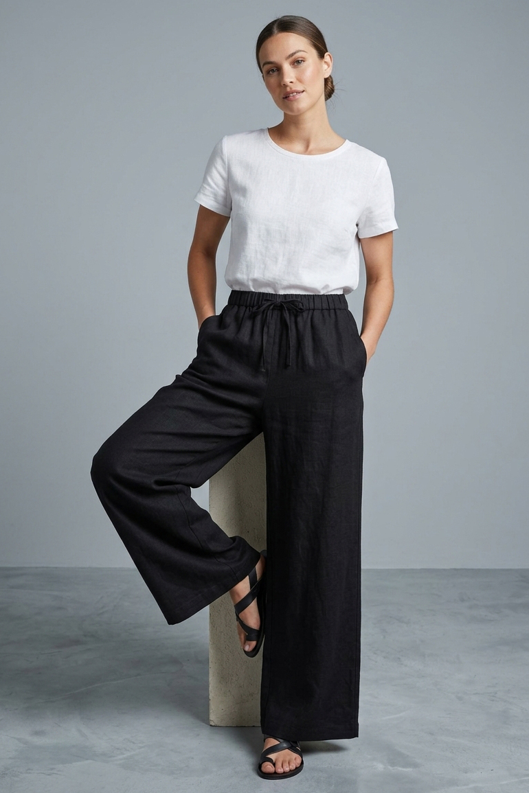 Sofia Keten Beli Lastikli Pantolon  - 28416-SIYAH