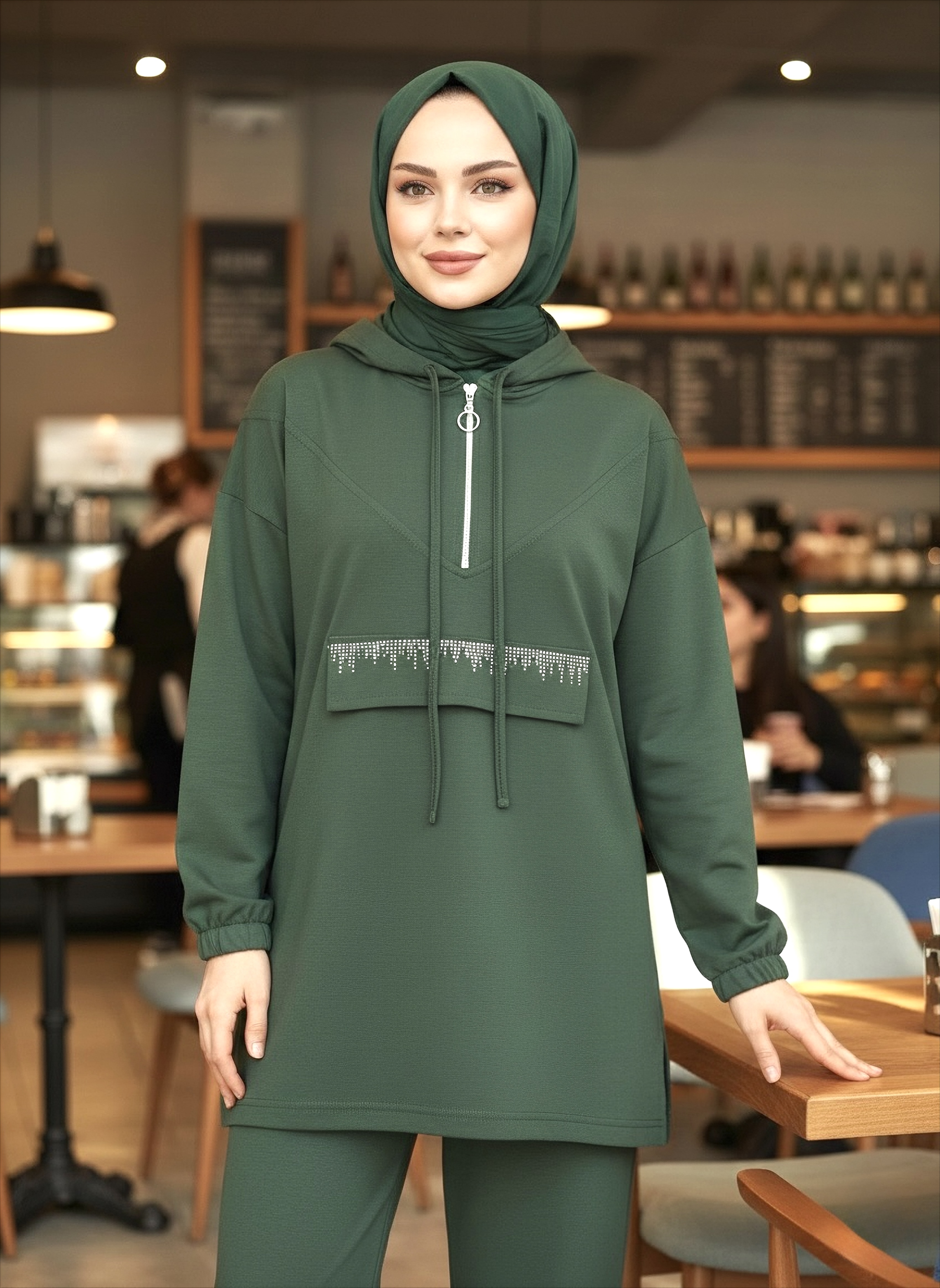 Taş Detaylı Bileği Lastikli Modal İkili Takım  - 1001-HAKI