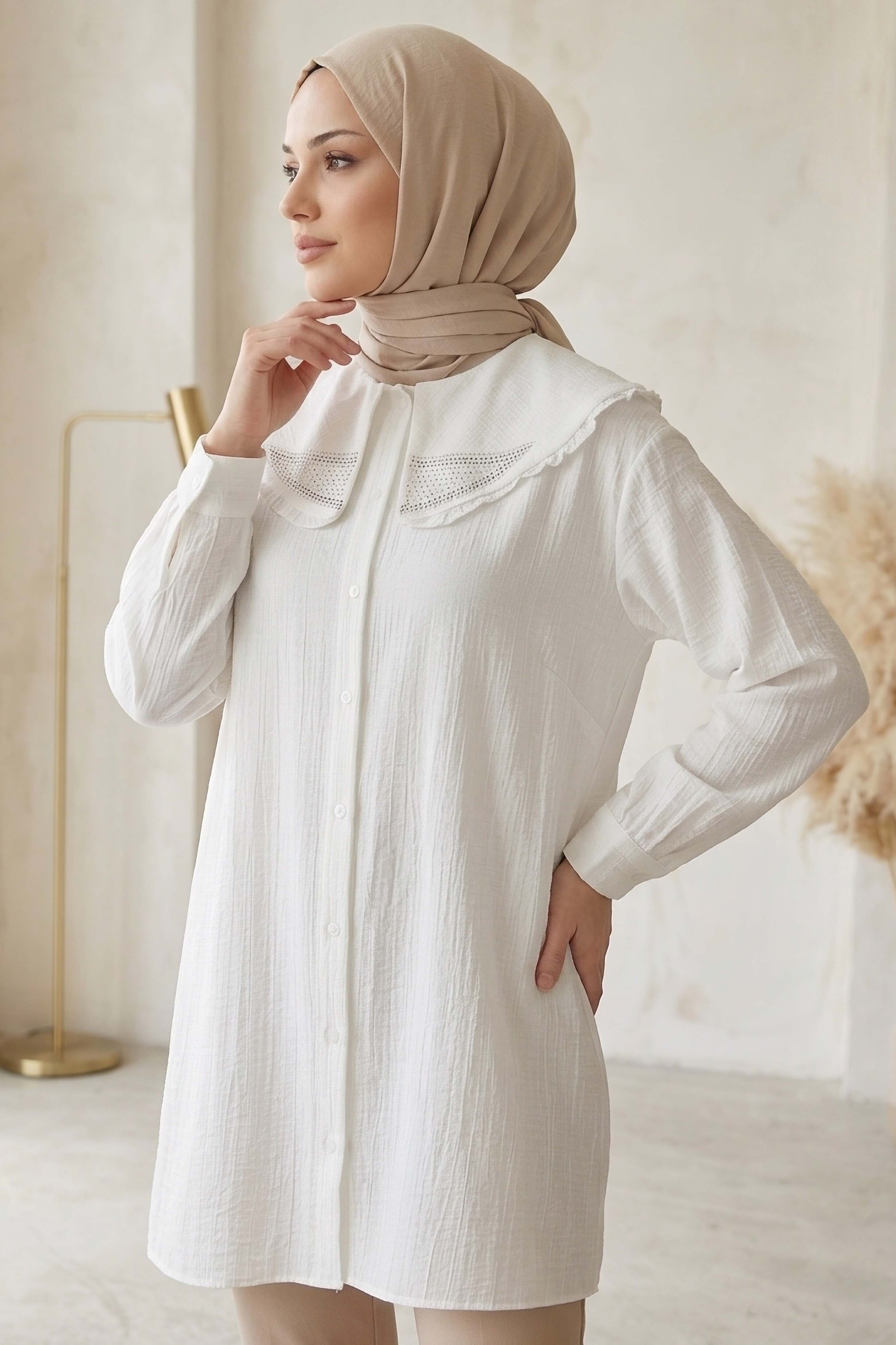 Taş Detaylı Çilek Tunik Beyaz - 1326-BEYAZ
