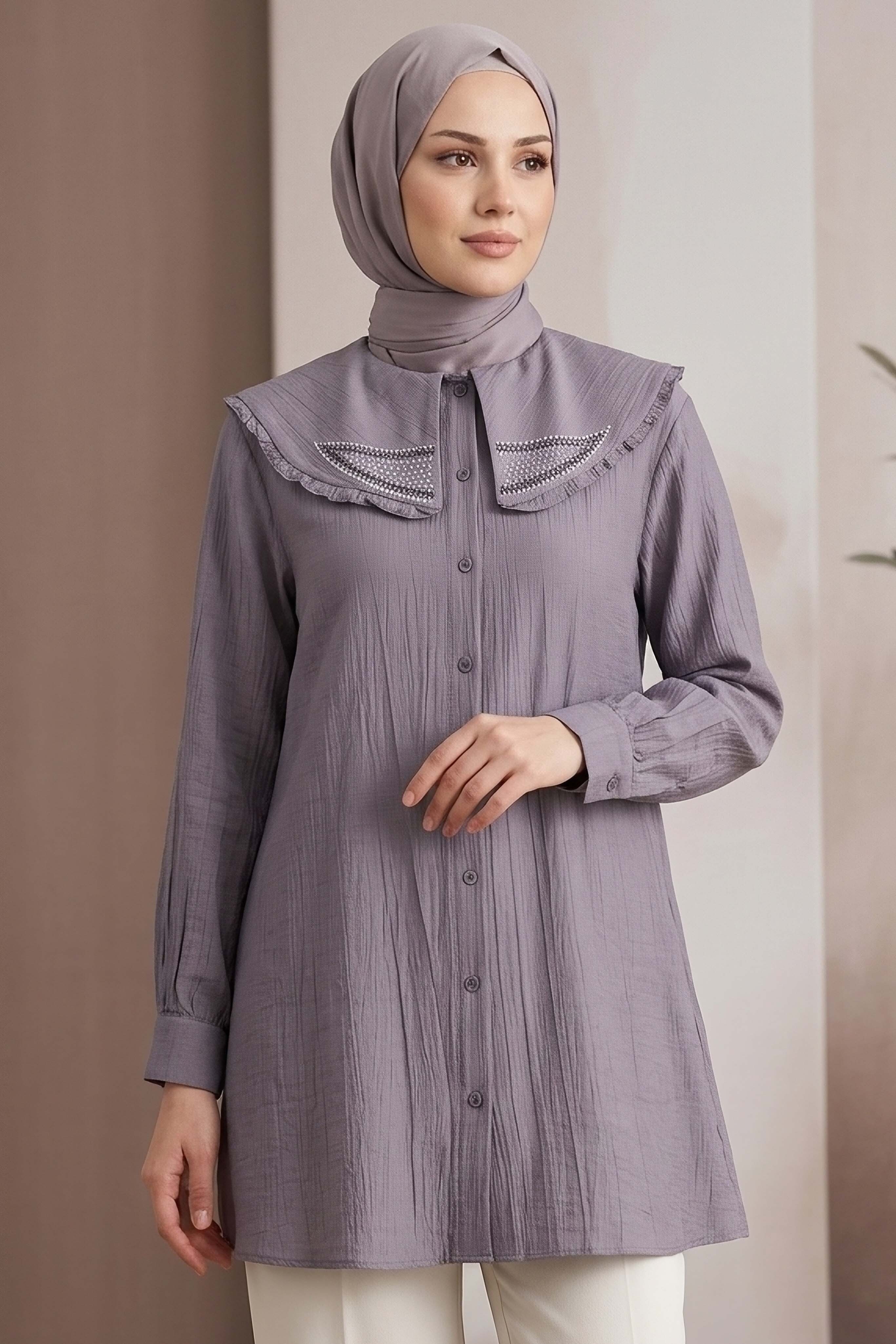 Taş Detaylı Çilek Tunik Füme - 1326-FUME
