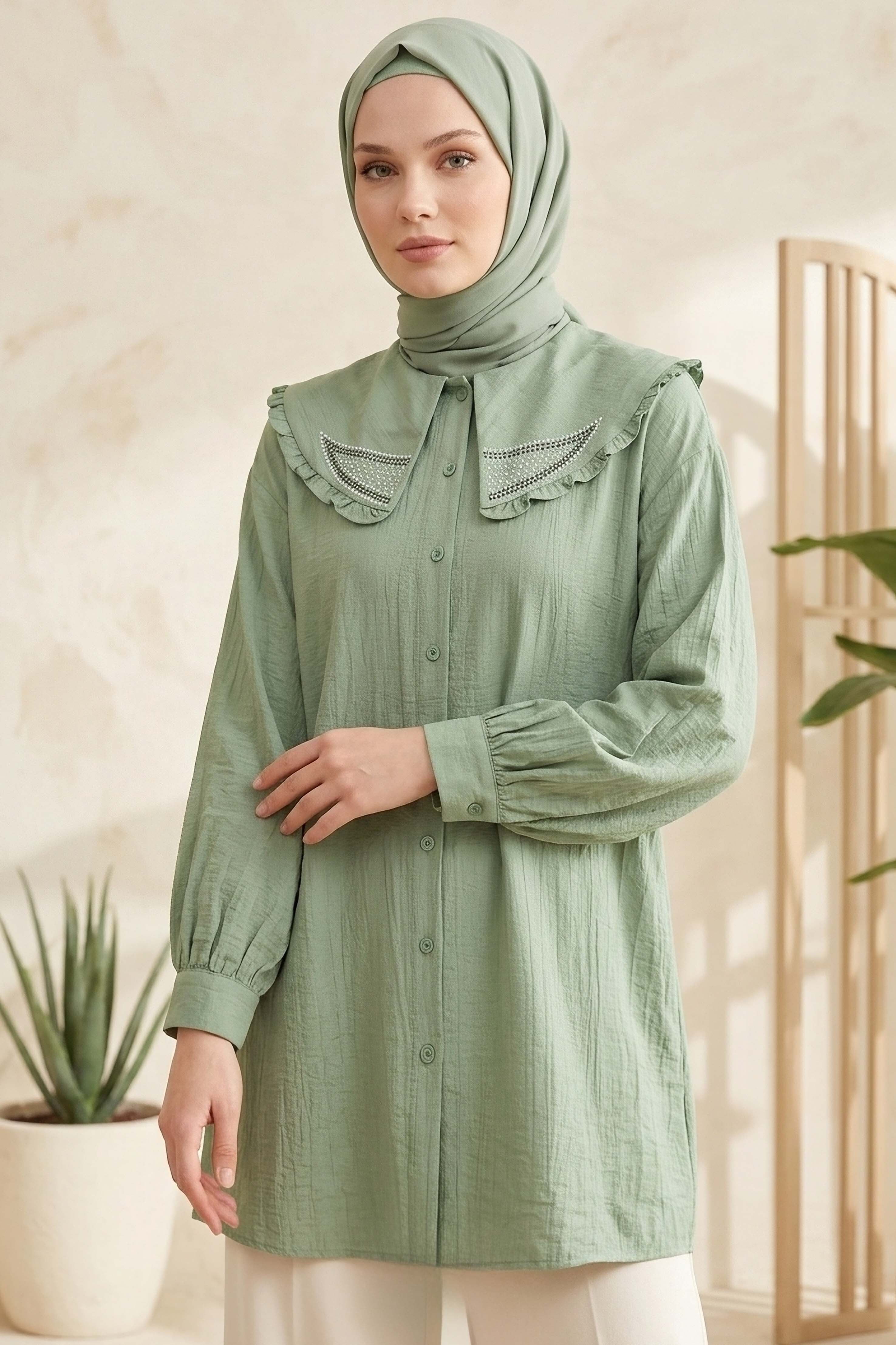 Taş Detaylı Çilek Tunik Haki - 1326-HAKI