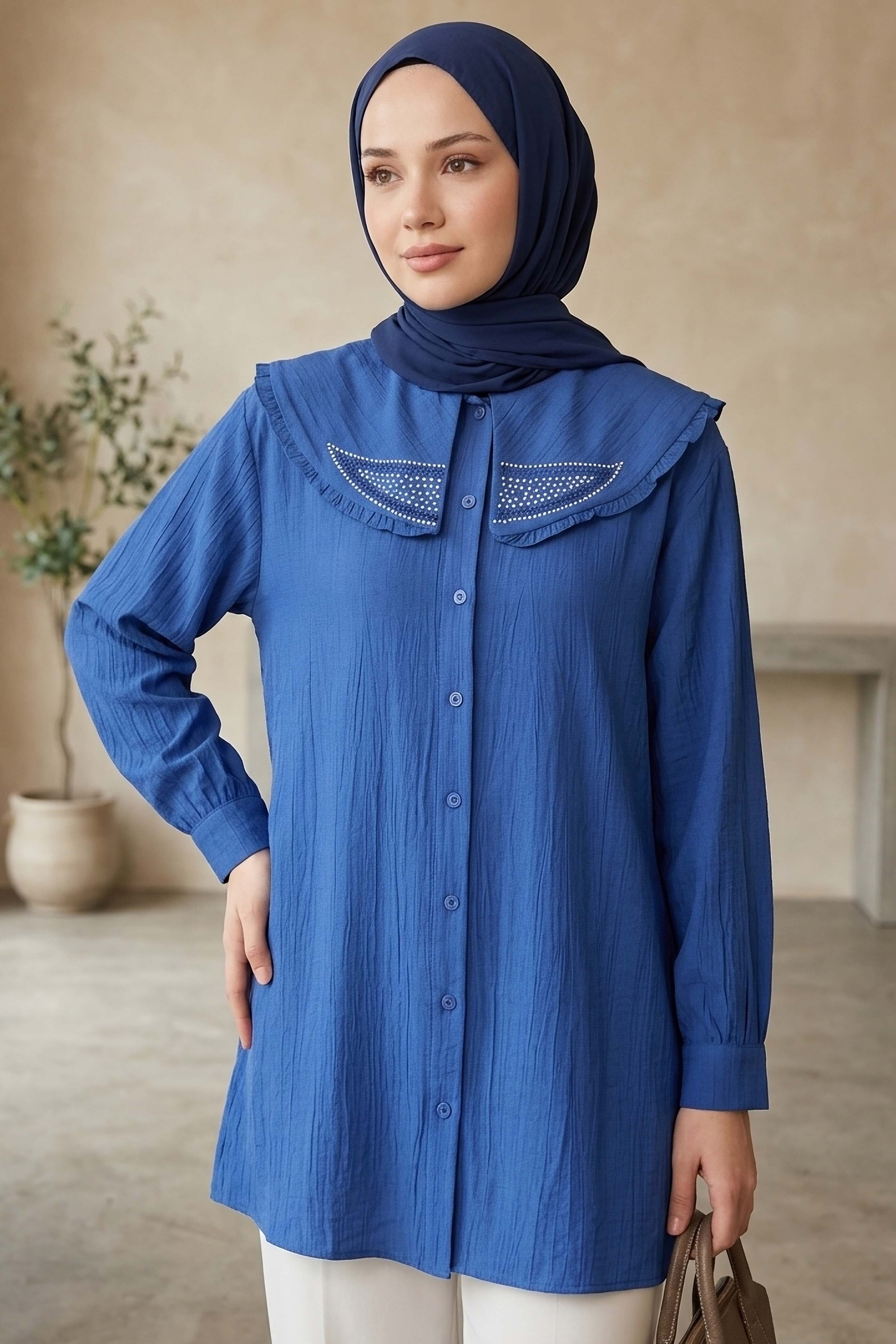 Taş Detaylı Çilek Tunik Indigo - 1326-INDIGO
