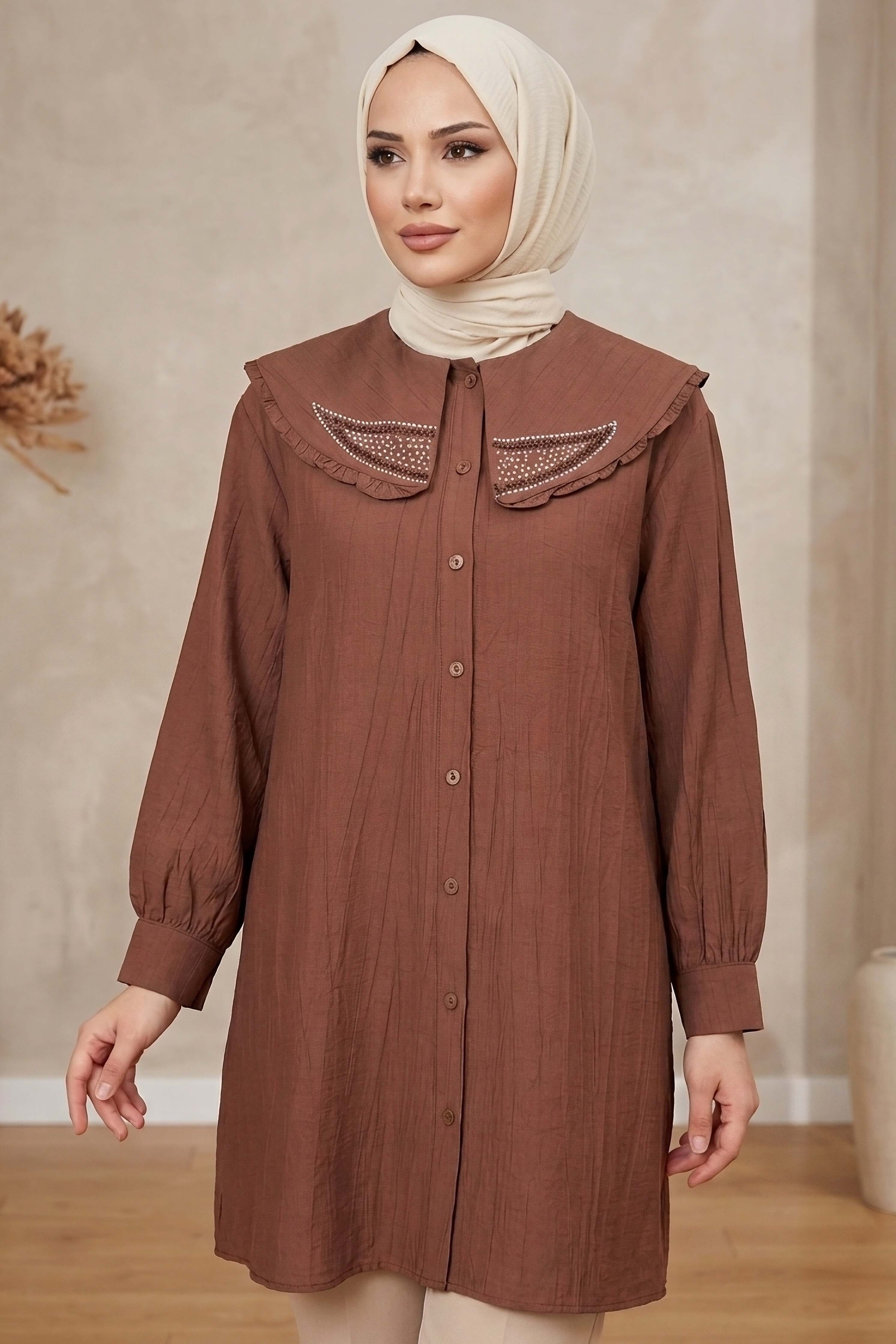 Taş Detaylı Çilek Tunik Kahve - 1326-KAHVE