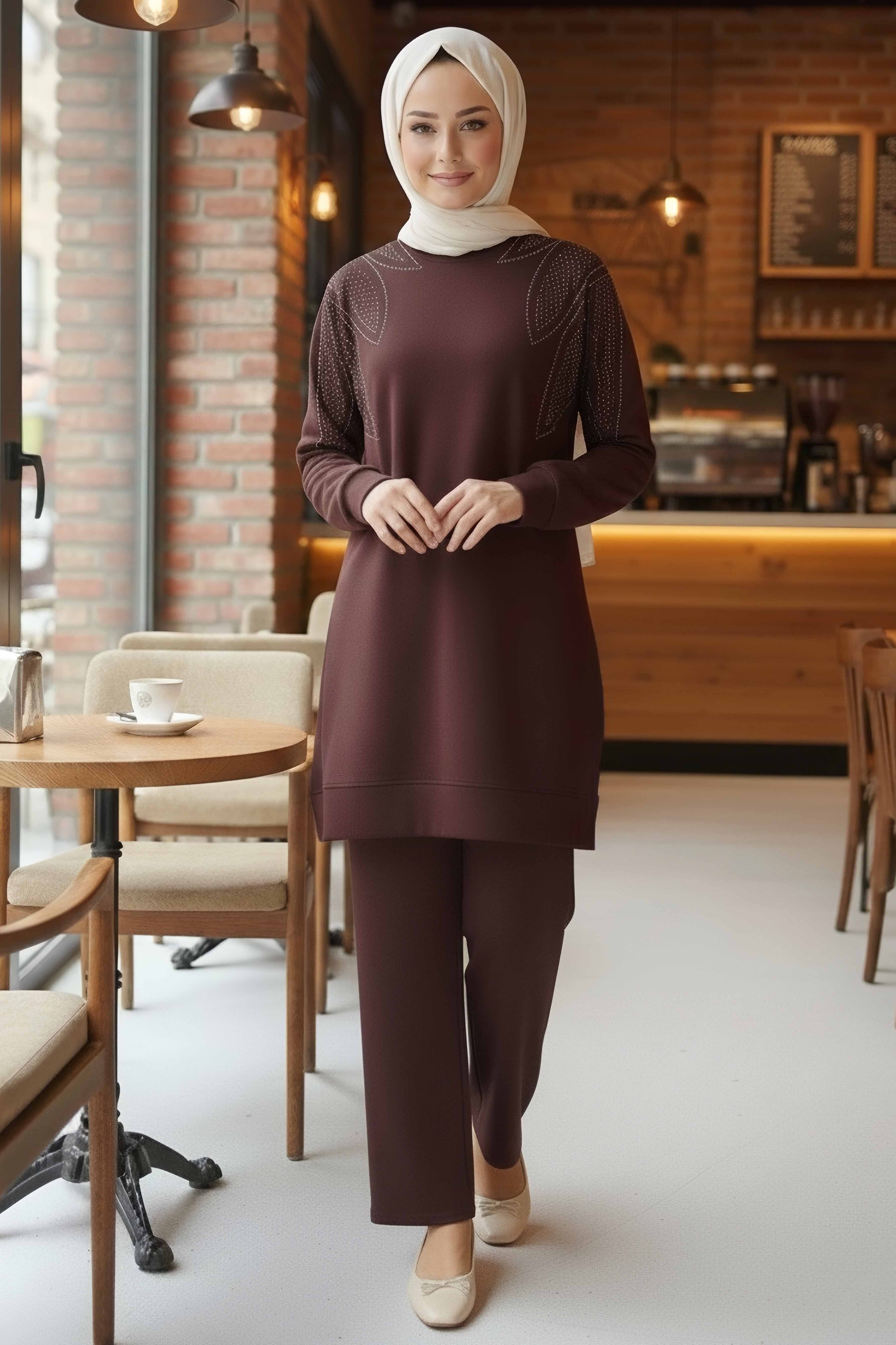 Taş Detaylı Modal İkili Takım  - 28045-KAHVE