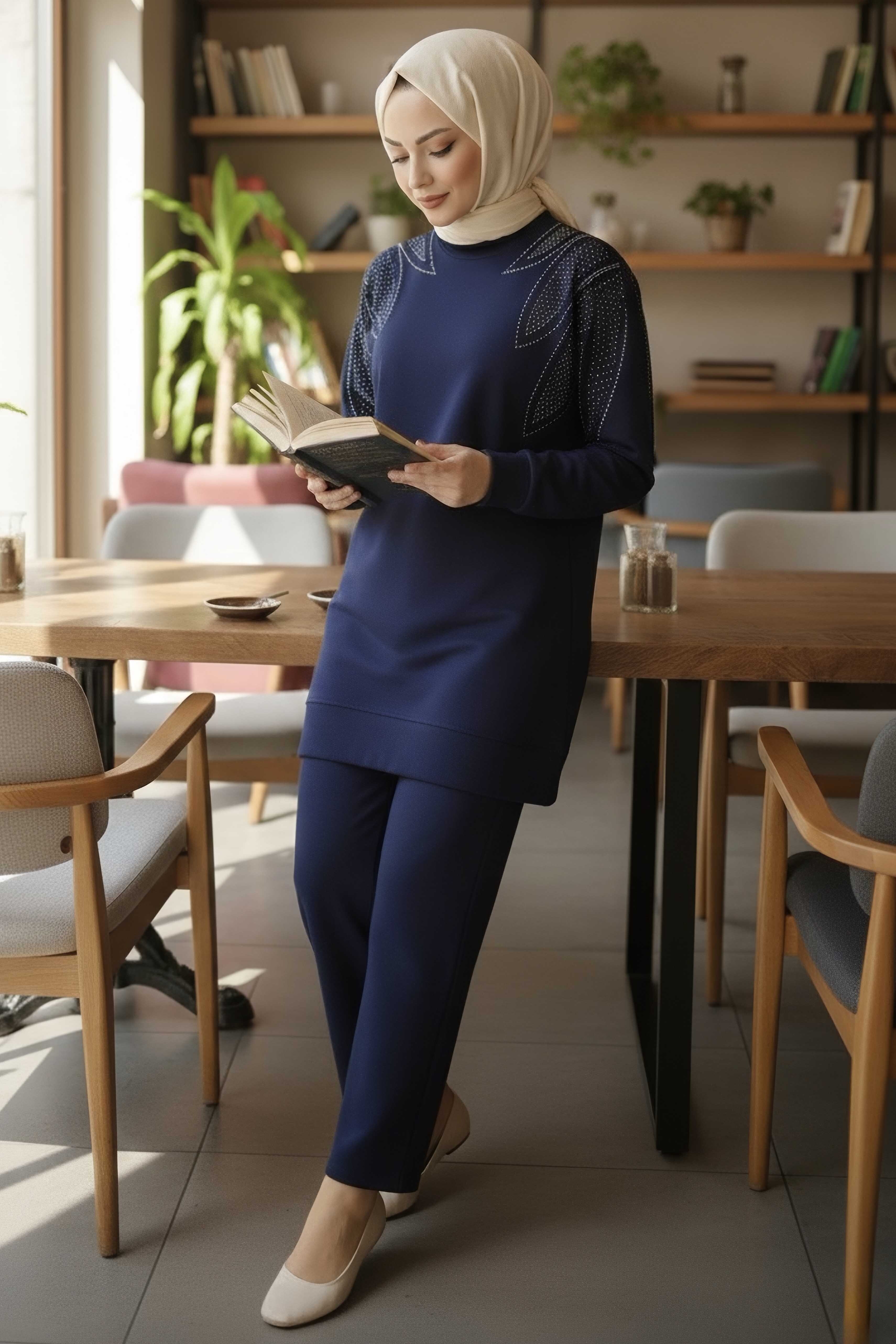 Taş Detaylı Modal İkili Takım  - 28045-LACIVERT