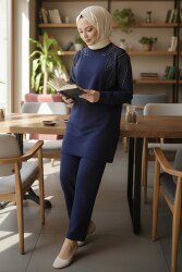 Taş Detaylı Modal İkili Takım - 28045-LACIVERT - TOFİSA