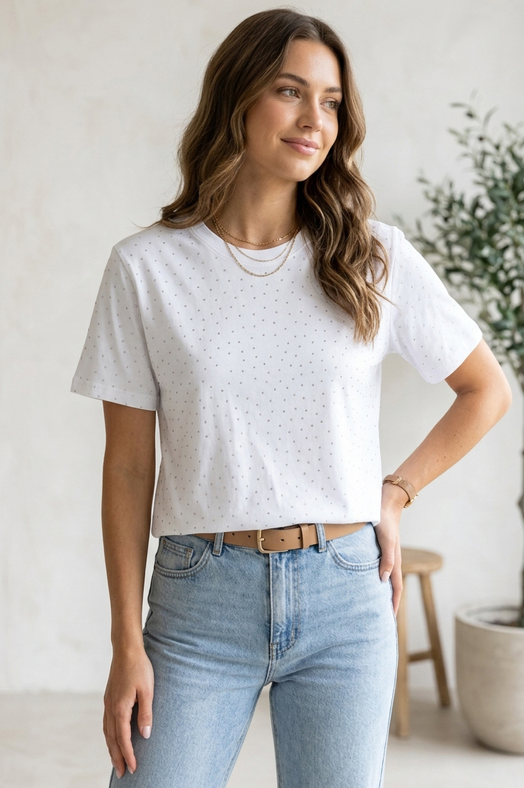 Taşlı Kısa Kollu T-shirt  - 28409-BEYAZ