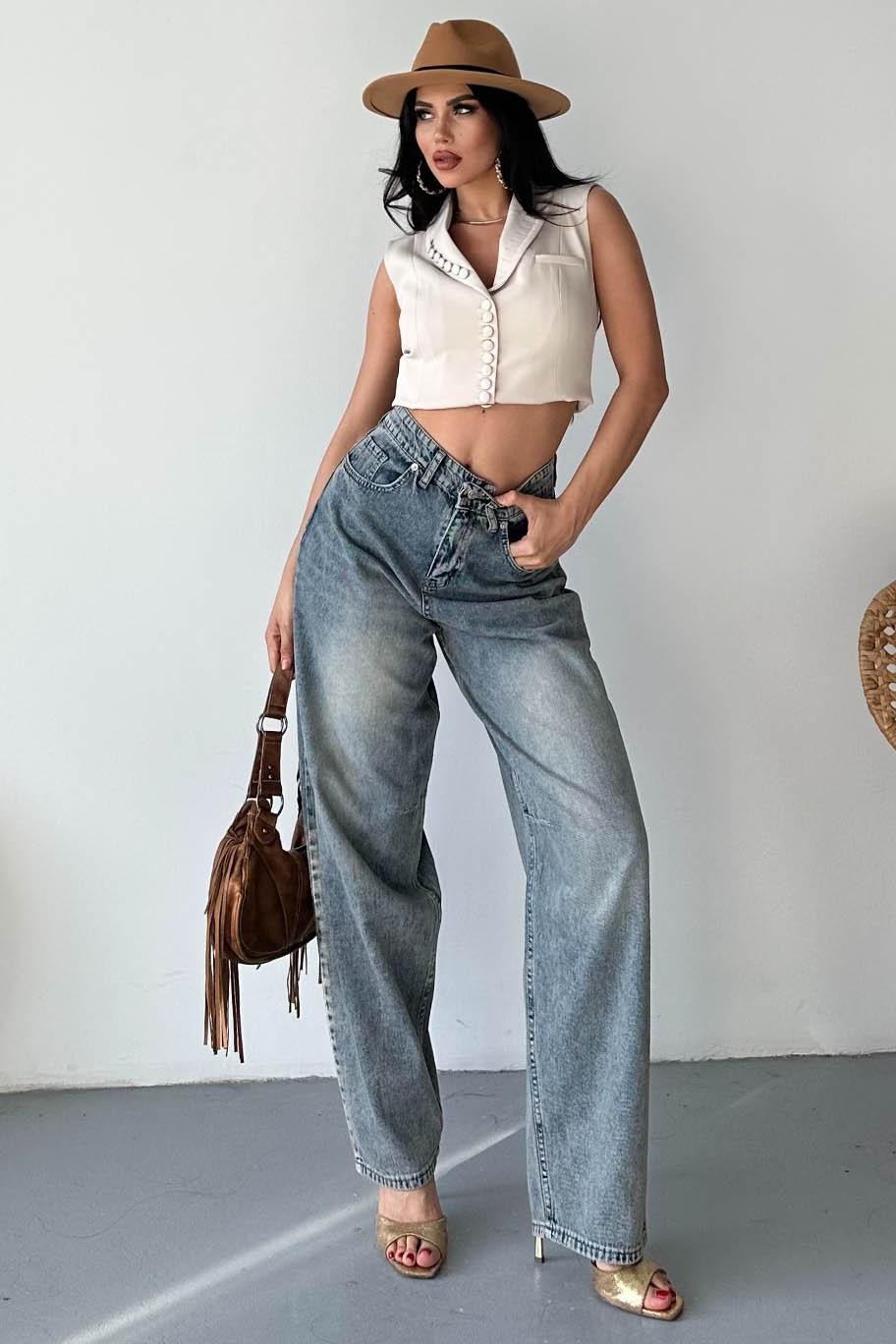 Tokalı Baggy Kot Pantolon Kahve - 27297