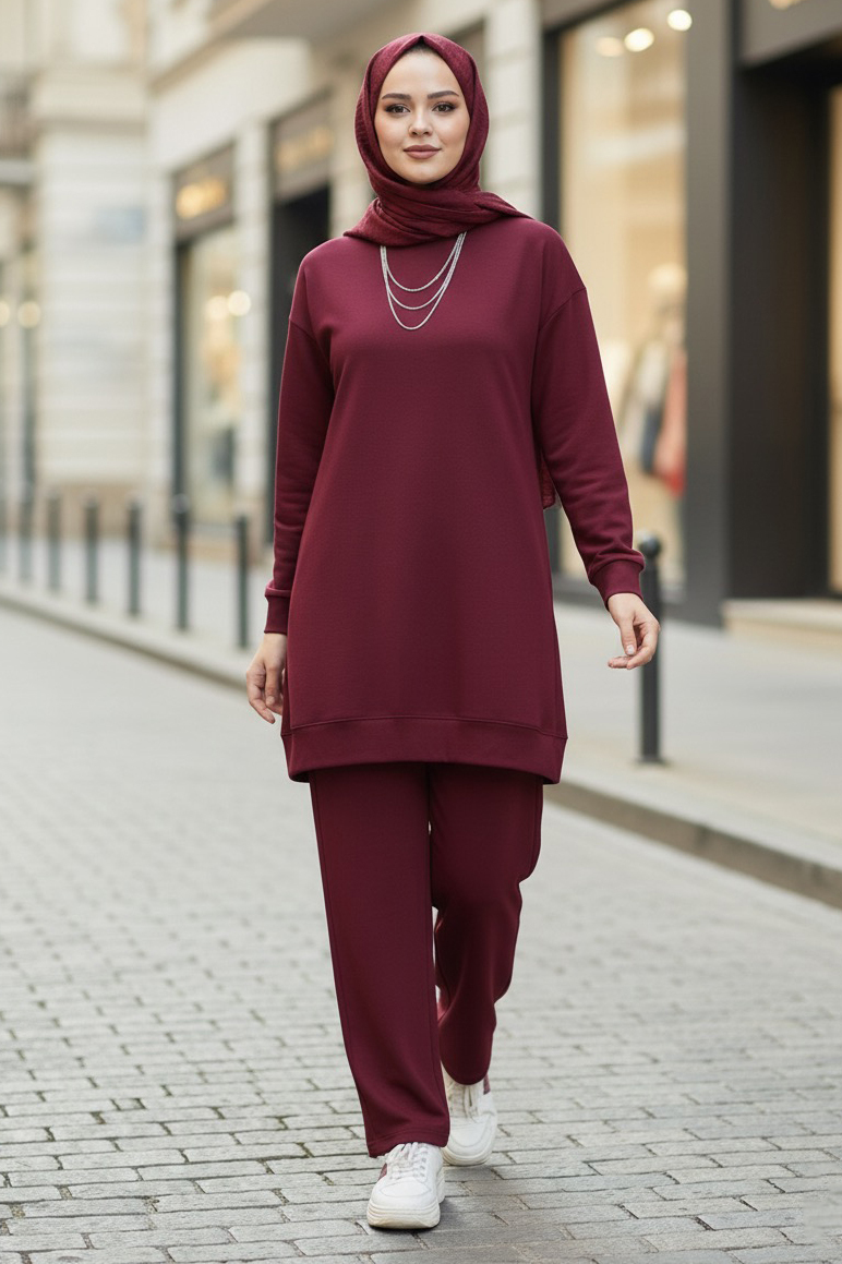 Tunik Pantolon Modal İkİli Takım  - 28004-BORDO