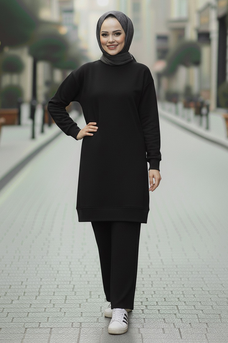 Tunik Pantolon Modal İkİli Takım  - 28004-SIYAH