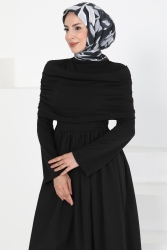 Üstü Şal Detaylı Elbise Siyah - 27282 - TOFİSA