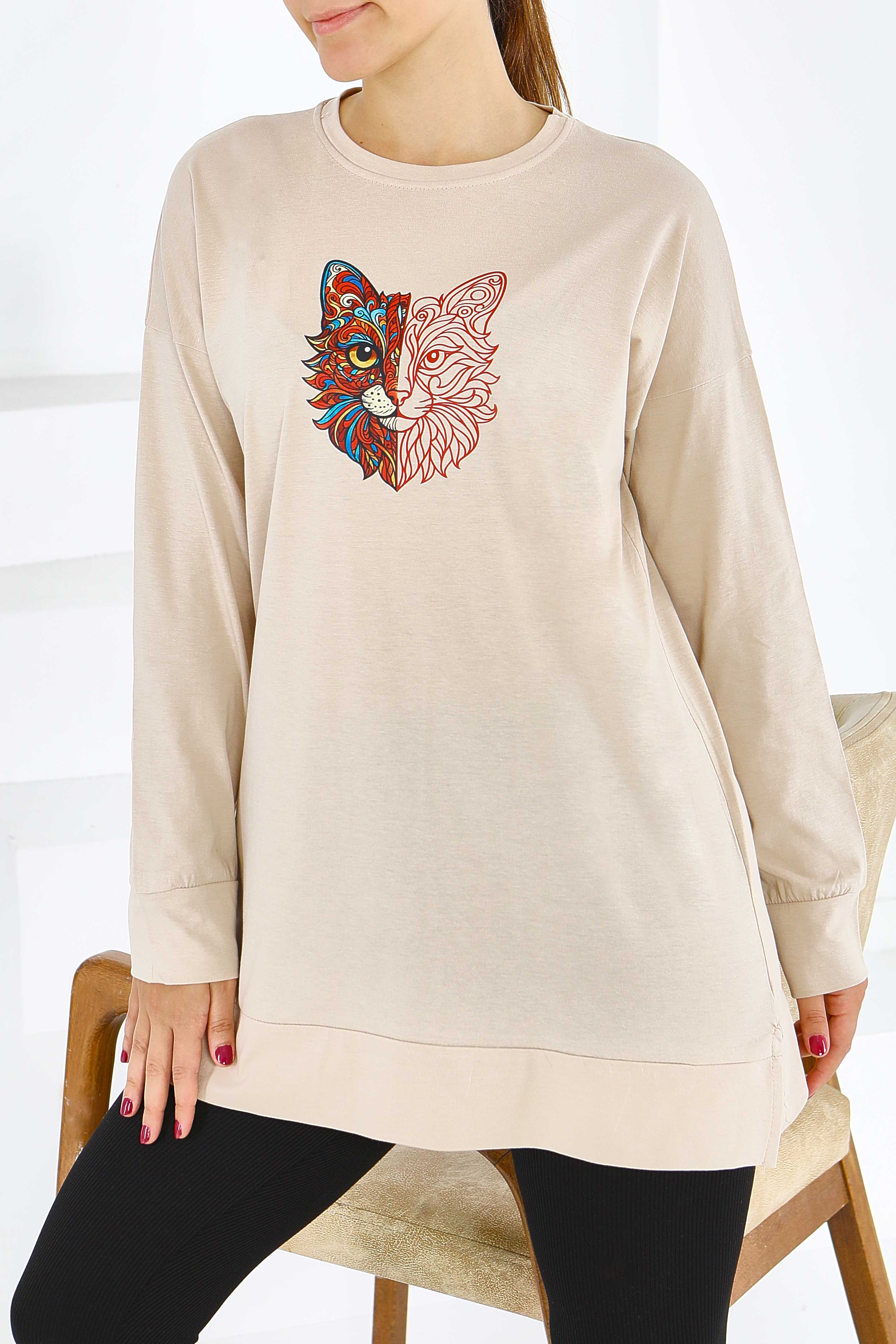 Uzun Kollu Baskılı Tunik - 27586 - 1