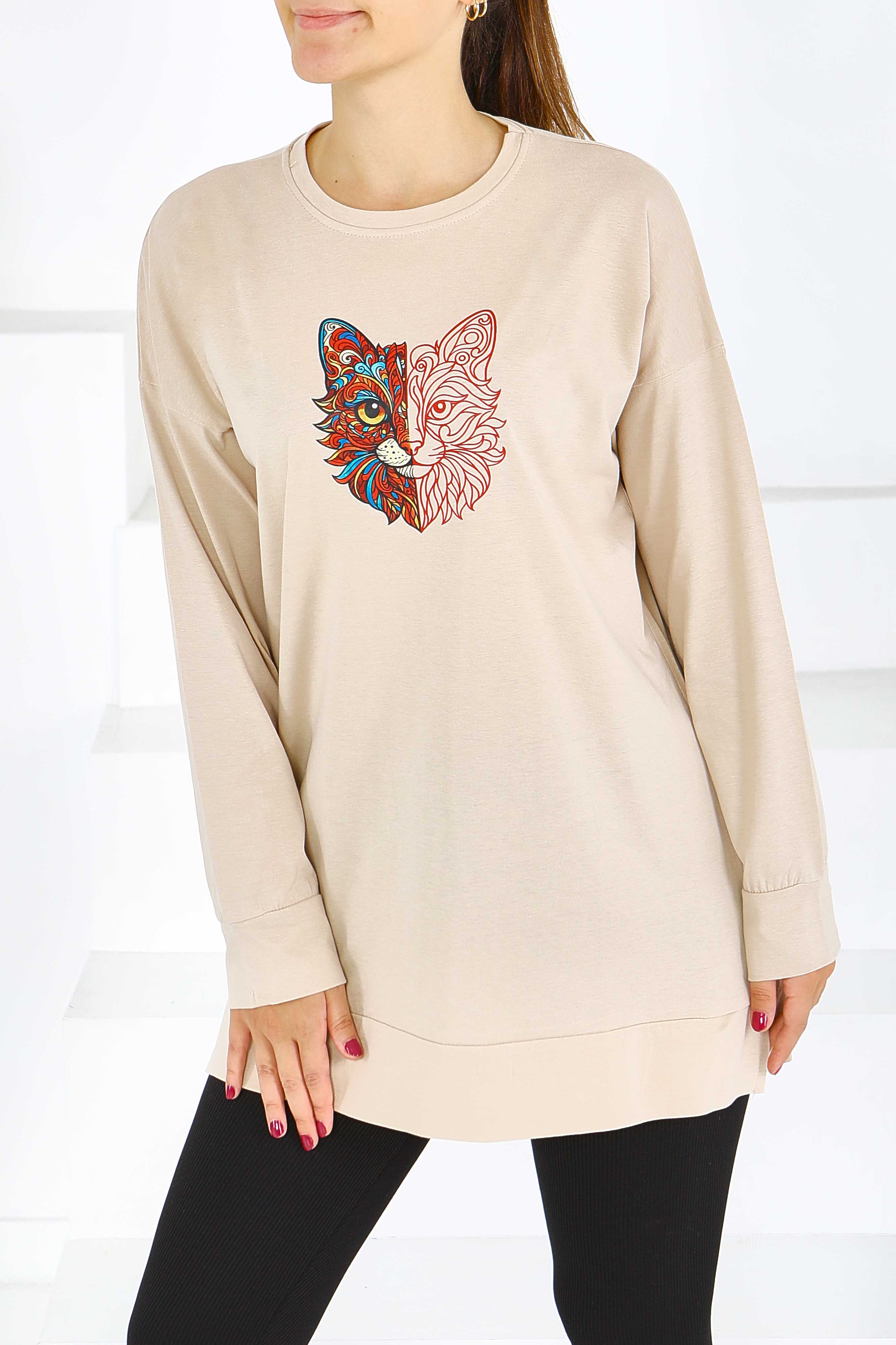 Uzun Kollu Baskılı Tunik - 27586 - 2
