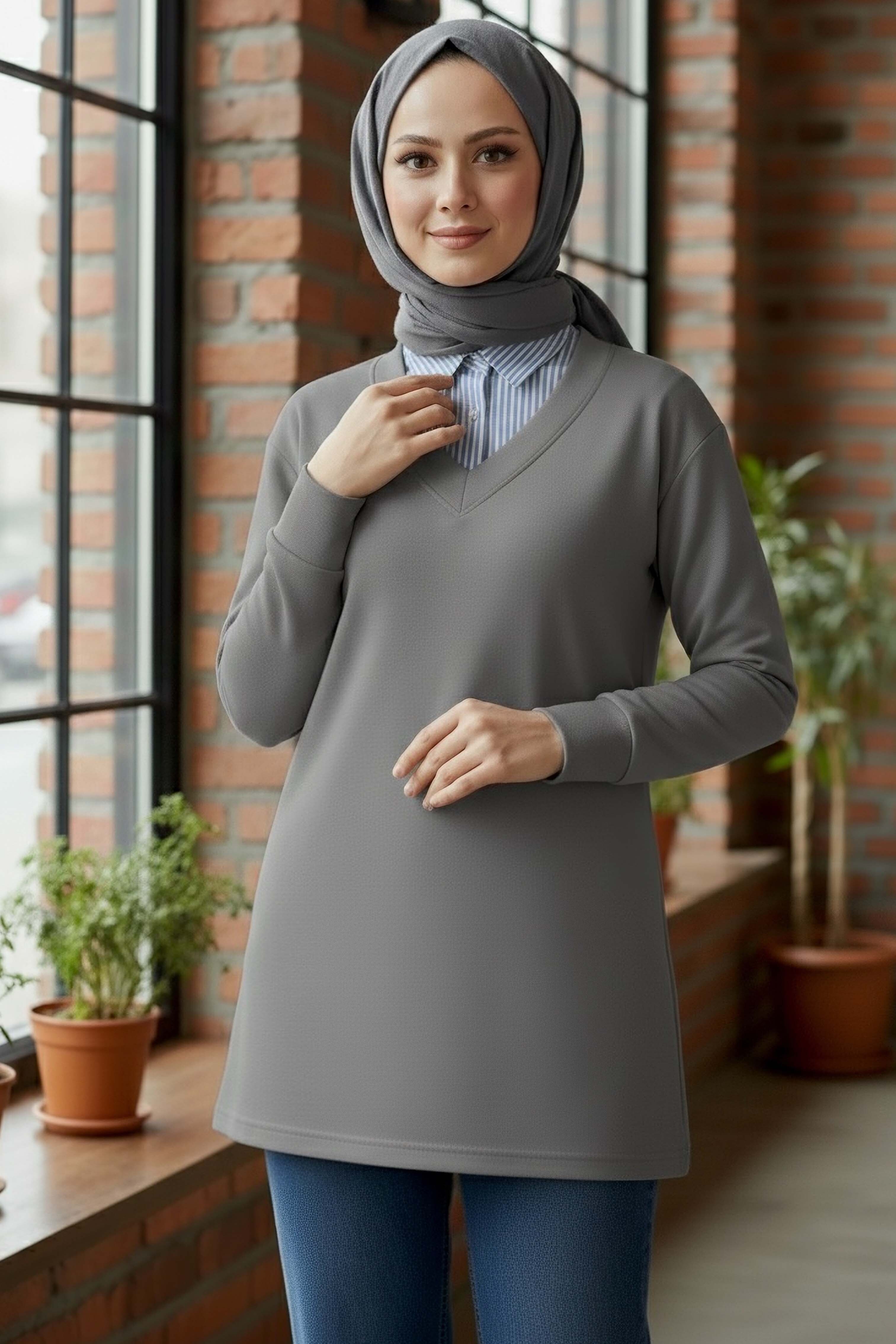 Yaka Detaylı Modal Tunik  - 1026-FUME