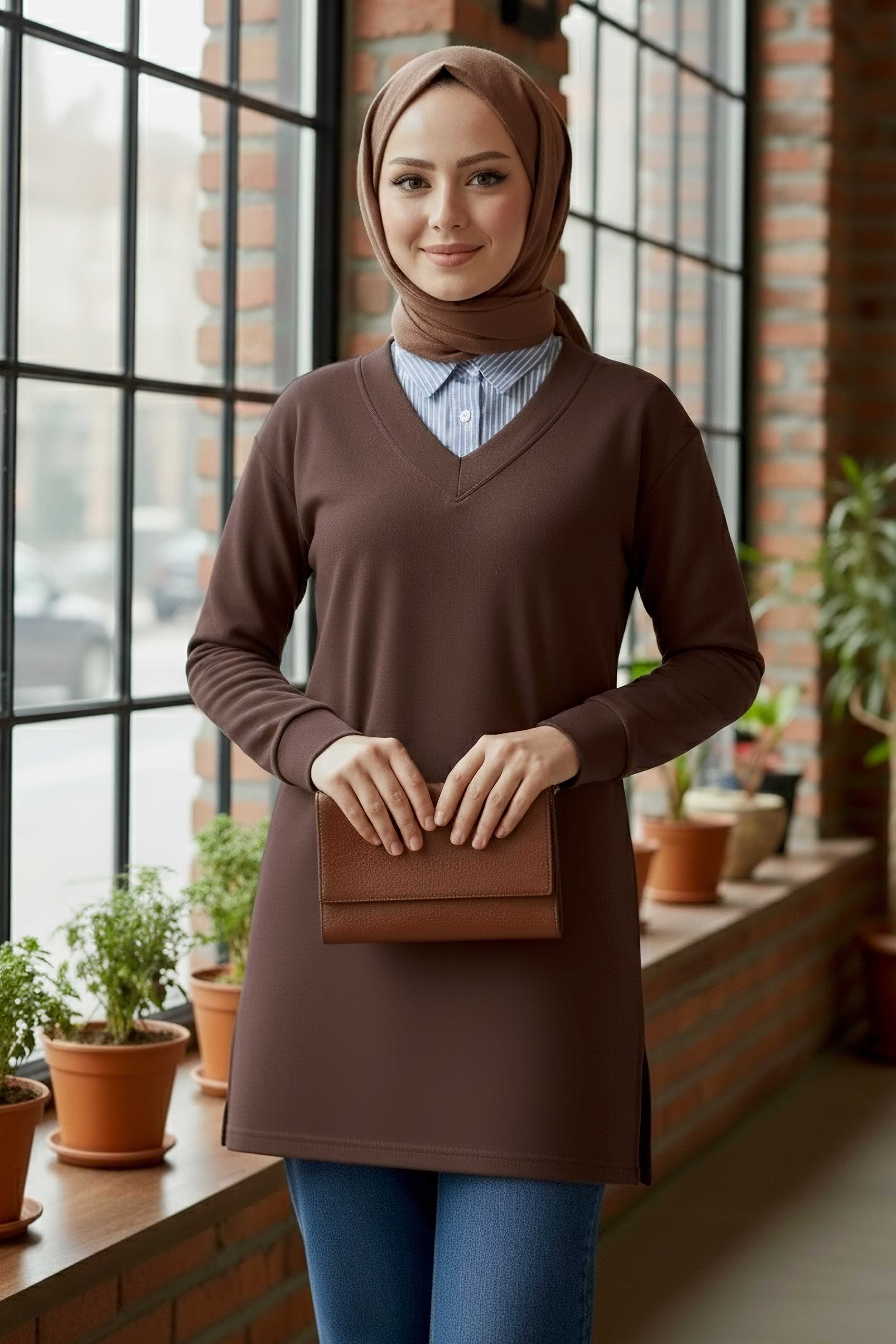Yaka Detaylı Modal Tunik  - 1026-KAHVE