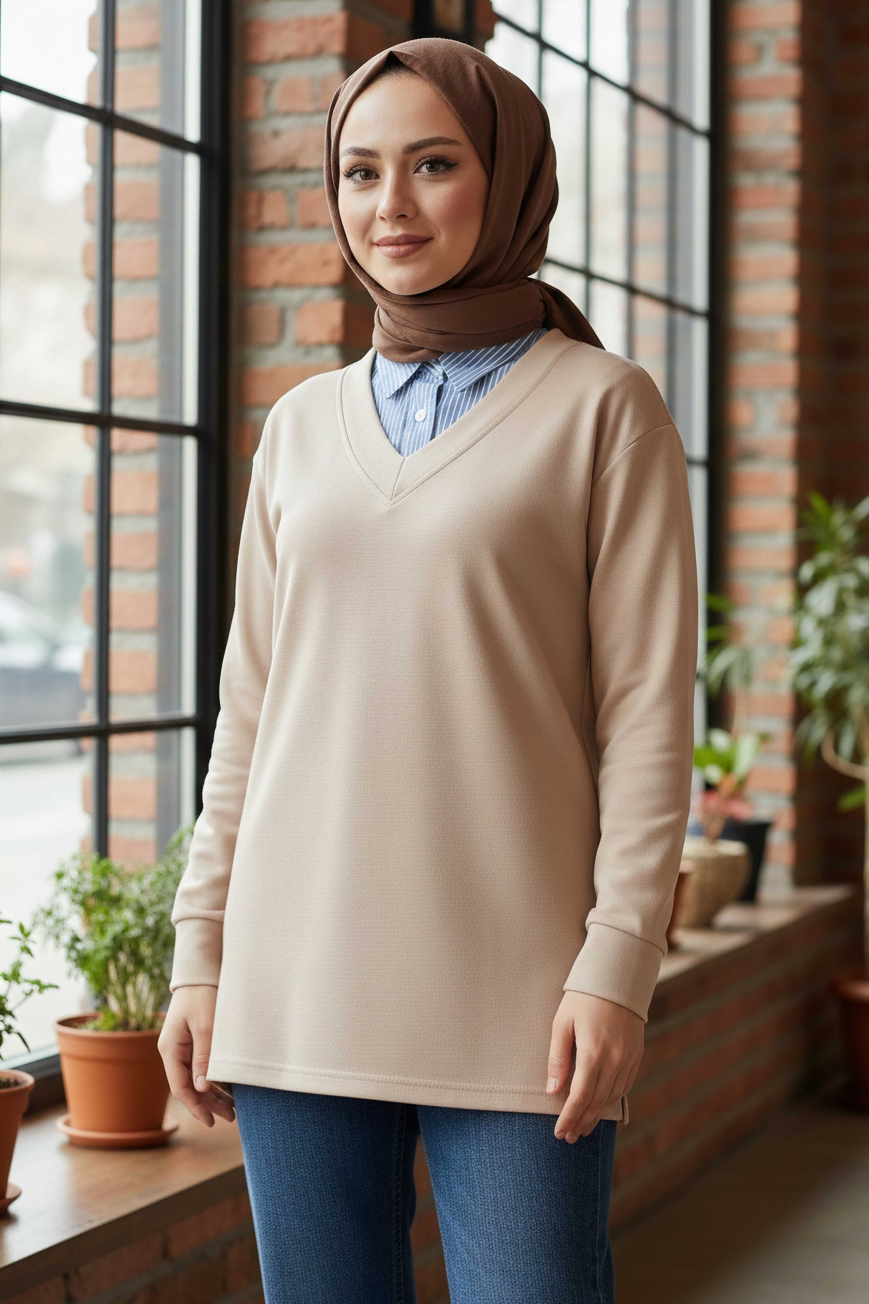 Yaka Detaylı Modal Tunik  - 1026-KREM